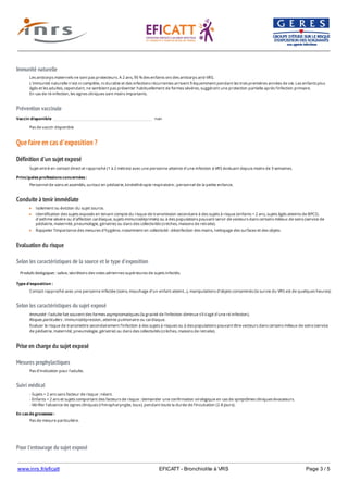 www.inrs.fr/eficatt EFICATT - Bronchiolite à VRS Page 3 / 5
Immunité naturelle
Prévention vaccinale
Que faire en cas d'exposition ?
Définition d'un sujet exposé
Conduite à tenir immédiate
Evaluation du risque
Selon les caractéristiques de la source et le type d'exposition
Selon les caractéristiques du sujet exposé
Prise en charge du sujet exposé
Mesures prophylactiques
Suivi médical
Pour l'entourage du sujet exposé
Les anticorps maternels ne sont pas protecteurs. A 2 ans, 95 % des enfants ont des anticorps anti-VRS.
L'immunité naturelle n'est ni complète, ni durable et des infections récurrentes arrivent fréquemment pendant les trois premières années de vie. Les enfants plus
âgés et les adultes, cependant, ne semblent pas présenter habituellement de formes sévères, suggérant une protection partielle après l'infection primaire.
En cas de ré-infection, les signes cliniques sont moins importants.
Vaccin disponible non
Pas de vaccin disponible
Sujet entré en contact direct et rapproché (1 à 2 mètres) avec une personne atteinte d'une infection à VRS évoluant depuis moins de 3 semaines.
Principales professions concernées :
Personnel de soins et assimilés, surtout en pédiatrie, kinésithérapie respiratoire ; personnel de la petite enfance.
Isolement ou éviction du sujet source.
Identification des sujets exposés en tenant compte du risque de transmission secondaire à des sujets à risque (enfants < 2 ans, sujets âgés atteints de BPCO,
d'asthme sévère ou d'affection cardiaque, sujets immunodéprimés) ou à des populations pouvant servir de vecteurs dans certains milieux de soins (service de
pédiatrie, maternité, pneumologie, gériatrie) ou dans des collectivités (crèches, maisons de retraite).
Rappeler l'importance des mesures d'hygiène, notamment en collectivité : désinfection des mains, nettoyage des surfaces et des objets.
Produits biologiques : salive, sécrétions des voies aériennes supérieures de sujets infectés.
Type d'exposition :
Contact rapproché avec une personne infectée (soins, mouchage d'un enfant atteint...), manipulations d'objets contaminés (la survie du VRS est de quelques heures).
Immunité : l'adulte fait souvent des formes asymptomatiques (la gravité de l'infection diminue s'il s'agit d'une ré-infection).
Risques particuliers : immunodépression, atteinte pulmonaire ou cardiaque.
Evaluer le risque de transmettre secondairement l'infection à des sujets à risques ou à des populations pouvant être vecteurs dans certains milieux de soins (service
de pédiatrie, maternité, pneumologie, gériatrie) ou dans des collectivités (crèches, maisons de retraite).
Pas d'indication pour l'adulte.
- Sujets > 2 ans sans facteur de risque : néant.
- Enfants < 2 ans et sujets comportant des facteurs de risque : demander une confirmation virologique en cas de symptômes cliniques évocateurs.
- Vérifier l'absence de signes cliniques (rhinopharyngite, toux), pendant toute la durée de l'incubation (2-8 jours).
En cas de grossesse :
Pas de mesure particulière.
En cas de présence d'un sujet à risque dans l'entourage du sujet exposé, même asymptomatique, éviter les contacts rapprochés pendant une huitaine de jours.
 