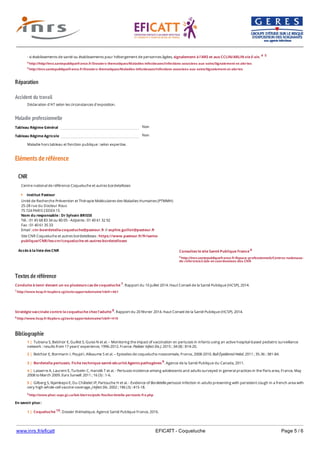 www.inrs.fr/eficatt EFICATT - Coqueluche Page 5 / 6
Réparation
Accident du travail
Maladie professionnelle
Non
Non
Eléments de référence
Textes de référence
Conduite à tenir devant un ou plusieurs cas de coqueluche 7. Rapport du 10 juillet 2014. Haut Conseil de la Santé Publique (HCSP), 2014.
7 http://www.hcsp.fr/explore.cgi/avisrapportsdomaine?clefr=461
Stratégie vaccinale contre la coqueluche chez l’adulte 8. Rapport du 20 février 2014. Haut Conseil de la Santé Publique (HCSP), 2014.
8 http://www.hcsp.fr/Explore.cgi/avisrapportsdomaine?clefr=410
Bibliographie
- si établissements de santé ou établissements pour hébergement de personnes âgées, signalement à l'ARS et aux CCLIN/ARLIN via E-sin. 4 5
4 http://http//invs.santepubliquefrance.fr/Dossiers-thematiques/Maladies-infectieuses/Infections-associees-aux-soins/Signalement-et-alertes
5 http://invs.santepubliquefrance.fr/Dossiers-thematiques/Maladies-infectieuses/Infections-associees-aux-soins/Signalement-et-alertes
Déclaration d'AT selon les circonstances d'exposition.
Tableau Régime Général
Tableau Régime Agricole
Maladie hors tableau et fonction publique : selon expertise.
CNR
Accès à la liste des CNR
Centre national de référence Coqueluche et autres bordetelloses
Institut Pasteur
Unité de Recherche Prévention et Thérapie Moléculaires des Maladies Humaines (PTMMH)
25-28 rue du Docteur Roux
75 724 PARIS CEDEX 15
Nom du responsable : Dr Sylvain BRISSE
Tél. : 01 45 68 83 34 ou 80 05 - Adjointe : 01 40 61 32 92
Fax : 01 40 61 35 33
Email : cnr-boerdetella-coqueluche@pasteur.fr // sophie.guillot@pasteur.fr
Site CNR Coqueluche et autres bordetelloses : https://www.pasteur.fr/fr/sante-
publique/CNR/les-cnr/coqueluche-et-autres-bordetelloses
Consultez le site Santé Publique France 6
6 http://invs.santepubliquefrance.fr/Espace-professionnels/Centres-nationaux-
de-reference/Liste-et-coordonnees-des-CNR
9 http://www.phac-aspc.gc.ca/lab-bio/res/psds-ftss/bordetella-pertussis-fra.php
1 | Tubiana S, Belchior E, Guillot S, Guiso N et al. – Monitoring the impact of vaccination on pertussis in infants using an active hospital-based pediatric surveillance
network : results from 17 years' experience, 1996-2012, France. Pediatr Infect Dis J. 2015 ; 34 (8) : 814-20.
2 | Belchior E, Bonmarin I, Poujol I, Alleaume S et al. – Episodes de coqueluche nosocomiale, France, 2008-2010. Bull Épidémiol Hebd. 2011 ; 35-36 : 381-84.
3 | Bordetella pertussis. Fiche technique santé-sécurité Agents pathogènes 9. Agence de la Santé Publique du Canada, 2011.
4 | Lasserre A, Laurent E, Turbelin C, Hanslik T et al. - Pertussis incidence among adolescents and adults surveyed in general practices in the Paris area, France, May
2008 to March 2009. Euro Surveill. 2011 ; 16 (5) : 1-6.
5 | Gilberg S, Njamkepo E, Du Châtelet IP, Partouche H et al. - Evidence of Bordetella pertussis infection in adults presenting with persistent cough in a french area with
very high whole-cell vaccine coverage. J Infect Dis. 2002 ; 186 (3) : 415-18.
En savoir plus :
1 | Coqueluche 10. Dossier thématique. Agence Santé Publique France, 2016.
2 | Pertussis (Whooping Cough) 11. Centers for Diseases Control and Prevention (CDC), 2016.
 