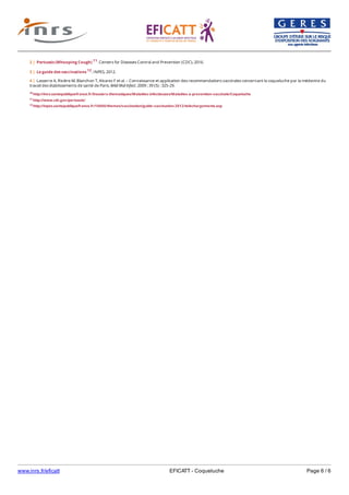 www.inrs.fr/eficatt EFICATT - Coqueluche Page 6 / 6
10 http://invs.santepubliquefrance.fr/Dossiers-thematiques/Maladies-infectieuses/Maladies-a-prevention-vaccinale/Coqueluche
11 http://www.cdc.gov/pertussis/
12 http://inpes.santepubliquefrance.fr/10000/themes/vaccination/guide-vaccination-2012/telechargements.asp
2 | Pertussis (Whooping Cough) 11. Centers for Diseases Control and Prevention (CDC), 2016.
3 | Le guide des vaccinations 12. INPES, 2012.
4 | Lasserre A, Rivière M, Blanchon T, Alvarez F et al. – Connaissance et application des recommandations vaccinales concernant la coqueluche par la médecine du
travail des établissements de santé de Paris. Méd Mal Infect. 2009 ; 39 (5) : 325-29.
 