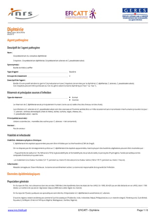 www.inrs.fr/eficatt EFICATT - Diphtérie Page 1 / 6
DiphtérieMise à jour de la fiche
05/2013
Agent pathogène
Descriptif de l'agent pathogène
Réservoir et principales sources d'infection
Viabilité et infectiosité
Données épidémiologiques
Population générale
Nom :
Corynebacterium du complexe diphtheriae
3 espèces : Corynebacterium diphtheriae, Corynebacterium ulcerans et C. pseudotuberculosis.
Synonyme(s) :
Bacille de Klebs-Loeffler
Type d'agent Bactérie
Groupe de classement 2
Descriptif de l'agent :
Bacille à Gram positif aérobie du genre Corynebacterium avec 3 espèces concernées par la diphtérie ( C. diphtheriae, C. ulcerans, C. pseudotuberculosis).
Ces 3 espèces peuvent être porteuses ou non du gène codant la toxine diphtérique ("tox+" ou "tox-").
Type de réservoir Animal
Homme
Le réservoir de C. diphtheriae serait principalement humain (rares cas où isolés chez des chevaux et des chats).
Les infections à C. ulcerans et à C. pseudotuberculosis sont des zoonoses et l'homme semble être un hôte occasionnel sans transmission interhumaine prouvée à ce jour :
- C. ulcerans : animaux domestiques (chats et chiens), vaches, cochons, singes, chevaux, etc...
- C. pseudotuberculosis : caprins.
Principale(s) source(s) :
Lésions cutanées (ex. : mamelles des vaches pour C. ulcerans -> lait contaminé).
Vecteur :
Pas de vecteur
Viabilité, résistance physico-chimique :
C. diphtheriae et les espèces apparentées peuvent être inhibées par la chlorhexidine (CMI de 5mg/l).
On ne dispose pas de renseignements précis sur C. diphtheriae et les espèces apparentées, mais la plupart des bactéries végétatives peuvent être inactivées par :
- l’hypochlorite de sodium à 1 %, l’éthanol à 70 %, le glutaraldéhyde, le formaldéhyde, les produits iodés, le peroxyde d’hydrogène, l’acide peracétique et les
composés d’ammonium quaternaire.
- un traitement à la chaleur humide (121 °C pendant au moins15 minutes) et à la chaleur sèche (160 à 170 °C pendant au moins 1 heure).
Infectiosité :
Maladie contagieuse. Dose infectieuse : la toxine est extrêmement active. La toxine est responsable de la gravité de l'infection.
En Europe de l'Est, recrudescence dans les années 1990 liée à des épidémies dans les états de l'ex-URSS. En 1995, 50 425 cas ont été déclarés en ex-URSS, dont 1 700
décès. Le nombre de cas est en régression depuis 2000 dans cette région du monde.
En Europe de l'Ouest, quelques cas sporadiques sont décrits, d'importation à C. diphtheriae et autochtones à C. ulcerans.
D'autres régions restent endémiques comme le Sud-Est asiatique (Thaïlande, Inde, Indonésie, Népal, Philippines) et, à un moindre degré, l'Amérique du Sud (Brésil,
Equateur), le Moyen-Orient et l'Afrique (Algérie, Madagascar, Zambie, Nigeria).
Exceptionnelle en France :
 