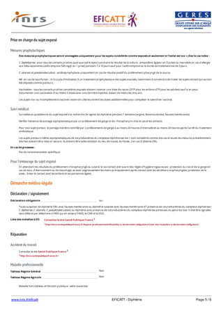www.inrs.fr/eficatt EFICATT - Diphtérie Page 5 / 6
Prise en charge du sujet exposé
Mesures prophylactiques
Suivi médical
Pour l'entourage du sujet exposé
Démarche médico-légale
Déclaration / signalement
Liste des maladies à DO
Réparation
Accident du travail
Maladie professionnelle
Non
Non
Des mesures prophylactiques seront envisagées uniquement pour les sujets considérés comme exposés et seulement si l'isolat est tox + chez le cas index :
C. Diphthyeriae : pour tous les contacts proches quel que soit le statut vaccinal et le résultat de la culture : amoxicilline 3g/jour en 3 prises ou macrolide en cas d'allergie
aux bêta-lactamines (azithromycine 500 mg/jr en 1 prise) pendant 7 à 10 jours sauf pour l'azithromycine où la durée de traitement est de 3 jours.
C. ulcerans et pseudotuberculosis : antibioprophylaxie uniquement en cas de résultat positif du prélèvement pharyngé de la source.
NB : en cas de souche tox- , il n'y a pas d'indication à un traitement prophylactique des sujets exposés, néanmoins il conviendra de traiter les sujets contact qui auront
été dépistés comme porteurs.
Vaccination : tous les contacts proches considérés exposés doivent recevoir une dose de vaccin (DTP pour les enfants dTP pour les adultes) sauf si on peut
documenter une vaccination d'au moins 3 doses avec une dernière injection datant de moins de cinq ans.
Les sujets non ou incomplètement vaccinés recevront ultérieurement les doses additionnelles pour compléter le calendrier vaccinal.
Surveillance quotidienne du sujet exposé à la recherche de signes de diphtérie pendant 1 semaine (angine, lésionscutanées, fausses membranes).
Vérifier l'absence de portage asymptomatique par un prélèvement de gorge et de rhinopharynx chez le cas et les contacts.
Pour tout sujet porteur, le portage doit être contrôlé par 2 prélèvements de gorge à au moins 24 heures d'intervalle et au moins 24 heures après l'arrêt du traitement
antibiotique.
Les sujets porteurs même asymptomatiques de corynebactéries du complexe diphtheriae tox + sont considérés comme des cas et toutes les mesures précedemment
décrites doivent être mise en oeuvre. Ils doivent être isolés (éviction du lieu de travail, de l'école...) en cas d'atteinte ORL.
En cas de grossesse :
Pas de recommandation spécifique.
En attendant les résultats du prélèvement rhinopharyngé ou cutané, le cas contact doit suivre des règles d'hygiène rigoureuses : protection du nez et de la gorge en
cas de toux, d'éternuement ou de mouchage, se laver soigneusement les mains principalement après contact avec les sécrétions oropharyngées, protection de la
plaie... Eviter le contact avec les enfants et les personnes âgées.
Déclaration obligatoire oui
Toute suspicion de diphtérie ORL avec fausses membranes ou diphtérie cutanée avec fausses membranes ET présence de corynebactéries du complexe diphteriae (
C. diphteriae, C. ulcerans, C. pseudotuberculosis) ou diphtérie avec présence de corynebactéries du complexe diphteriae porteuses du gène tox (tox +) doit être signalée
sans délai et par téléphone à l'ARS qui en avisera l'INVS, le CNR et la DGS.
Consultez le site Santé Publique France 2
2 http://invs.santepubliquefrance.fr/Espace-professionnels/Maladies-a-declaration-obligatoire/Liste-des-maladies-a-declaration-obligatoire
Consultez le site Santé Publique France 3.
3 http://invs.santepubliquefrance.fr/
Tableau Régime Général
Tableau Régime Agricole
Maladie hors tableau et fonction publique : selon expertise.
 