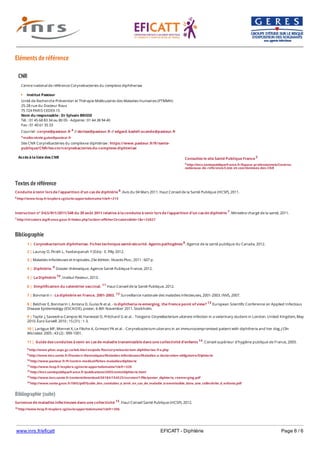 www.inrs.fr/eficatt EFICATT - Diphtérie Page 6 / 6
Eléments de référence
Textes de référence
Conduite à tenir lors de l'apparition d'un cas de diphtérie 6. Avis du 04 Mars 2011. Haut Conseil de la Santé Publique (HCSP), 2011.
6 http://www.hcsp.fr/explore.cgi/avisrapportsdomaine?clefr=215
Instruction n° DGS/RI1/2011/348 du 30 août 2011 relative à la conduite à tenir lors de l'apparition d'un cas de diphtérie 7. Ministère chargé de la santé, 2011.
7 http://circulaire.legifrance.gouv.fr/index.php?action=afficherCirculaire&hit=1&r=33827
Bibliographie
Bibliographie (suite)
Survenue de maladies infectieuses dans une collectivité 15. Haut Conseil Santé Publique (HCSP), 2012.
15 http://www.hcsp.fr/explore.cgi/avisrapportsdomaine?clefr=306
CNR
Accès à la liste des CNR
Centre national de référence Corynebacteries du complexe diphtheriae
Institut Pasteur
Unité de Recherche Prévention et Thérapie Moléculaires des Maladies Humaines (PTMMH)
25-28 rue du Docteur Roux
75 724 PARIS CEDEX 15
Nom du responsable : Dr Sylvain BRISSE
Tél. : 01 45 68 83 34 ou 80 05 - Adjointe : 01 44 38 94 40
Fax : 01 40 61 35 33
Courriel : coryne@pasteur.fr 4 // sbrisse@pasteur.fr // edgard.badell-ocando@pasteur.fr
4 mailto:nicole.guiso@pasteur.fr
Site CNR Corynébactéries du complexxe diphtériae : https://www.pasteur.fr/fr/sante-
publique/CNR/les-cnr/corynebacteries-du-complexe-diphteriae
Consultez le site Santé Publique France 5
5 http://invs.santepubliquefrance.fr/Espace-professionnels/Centres-
nationaux-de-reference/Liste-et-coordonnees-des-CNR
8 http://www.phac-aspc.gc.ca/lab-bio/res/psds-ftss/corynebacterium-diphtheriae-fra.php
9 http://www.invs.sante.fr/Dossiers-thematiques/Maladies-infectieuses/Maladies-a-declaration-obligatoire/Diphterie
10 http://www.pasteur.fr/fr/centre-medical/fiches-maladies/diphterie
11 http://www.hcsp.fr/explore.cgi/avisrapportsdomaine?clefr=320
12 http://invs.santepubliquefrance.fr/publications/2005/snmi/diphterie.html
13 http://www.invs.sante.fr/content/download/30184/154525/version/1/file/poster_diphteria_reemerging.pdf
14 http://www.sante.gouv.fr/IMG/pdf/Guide_des_conduites_a_tenir_en_cas_de_maladie_transmissible_dans_une_collectivite_d_enfants.pdf
1 | Corynebacterium diphtheriae. Fiches technique santé-sécurité. Agents pathogènes 8. Agence de la santé publique du Canada, 2012.
2 | Launay O, Piroth L, Yazdanpanah Y (Eds) - E. Pilly 2012.
3 | Maladies infectieuses et tropicales. 23e édition. Vivactis Plus ; 2011 : 607 p.
4 | Diphtérie. 9 Dossier thématique. Agence Santé Publique France, 2012.
5 | La Diphtérie 10. Institut Pasteur, 2013.
6 | Simplification du calendrier vaccinal. 11 Haut Conseil de la Santé Publique, 2012.
7 | Bonmarin I - La diphtérie en France, 2001-2003. 12 Surveillance nationale des maladies infectieuses, 2001-2003. INVS, 2007.
8 | Belchior E, Bonmarin I, Antona D, Guiso N et al. - Is diphtheria re-emerging, the Frence point of view? 13 European Scientific Conference on Applied Infectious
Disease Epidemiology (ESCAIDE), poster, 6-8th November 2011, Stockholm.
9 | Taylor J, Saveedra-Campos M, Harwood D, Pritchard G et al. - Toxigenic Corynebacterium ulcerans infection in a veterinary student in London, United Kingdom, May
2010. Euro Surveill. 2010 ; 15 (31) : 1-3.
10 | Lartigue MF, Monnet X, Le Flèche A, Grimont PA et al. - Corynebacterium ulcerans in an immunocompromised patient with diphtheria and her dog. J Clin
Microbiol. 2005 ; 43 (2) : 999-1001.
11 | Guide des conduites à tenir en cas de maladie transmissible dans une collectivité d’enfants 14. Conseil supérieur d'hygiène publique de France, 2003.
 