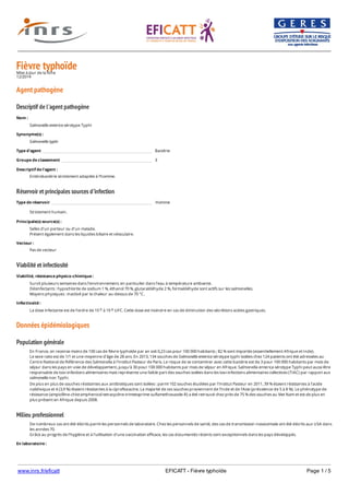 www.inrs.fr/eficatt EFICATT - Fièvre typhoïde Page 1 / 5
Fièvre typhoïdeMise à jour de la fiche
12/2014
Agent pathogène
Descriptif de l'agent pathogène
Réservoir et principales sources d'infection
Viabilité et infectiosité
Données épidémiologiques
Population générale
Milieu professionnel
Nom :
Salmonella enterica sérotype Typhi
Synonyme(s) :
Salmonella typhi
Type d'agent Bactérie
Groupe de classement 3
Descriptif de l'agent :
Entérobactérie strictement adaptée à l’homme.
Type de réservoir Homme
Strictement humain.
Principale(s) source(s) :
Selles d’un porteur ou d’un malade.
Présent également dans les liquides biliaire et vésiculaire.
Vecteur :
Pas de vecteur
Viabilité, résistance physico-chimique :
Survit plusieurs semaines dans l’environnement, en particulier dans l’eau à température ambiante.
Désinfectants : hypochlorite de sodium 1 %, éthanol 70 %, glutaraldéhyde 2 %, formaldéhyde sont actifs sur les salmonelles.
Moyens physiques : inactivé par la chaleur au-dessus de 70 °C.
Infectiosité :
La dose infectante est de l’ordre de 10 à 10 UFC. Cette dose est moindre en cas de diminution des sécrétions acides gastriques.5 6
En France, on recense moins de 100 cas de fièvre typhoïde par an soit 0,23 cas pour 100 000 habitants ; 82 % sont importés (essentiellement Afrique et Inde).
Le sexe ratio est de 1/1 et une moyenne d'âge de 28 ans. En 2013, 134 souches de Salmonella enterica sérotype typhi isolées chez 124 patients ont été adressées au
Centre National de Référence des Salmonella à l'Institut Pasteur de Paris. Le risque de se contaminer avec cette bactérie est de 3 pour 100 000 habitants par mois de
séjour dans les pays en voie de développement, jusqu'à 30 pour 100 000 habitants par mois de séjour en Afrique. Salmonella enterica sérotype Typhi peut aussi être
responsable de toxi-infections alimentaires mais représente une faible part des souches isolées dans les toxi-infections alimentaires collectives (TIAC) par rapport aux
salmonella non Typhi.
De plus en plus de souches résistantes aux antibiotiques sont isolées : parmi 102 souches étudiées par l'Institut Pasteur en 2011, 39 % étaient résistantes à l'acide
nalidixique et 4 (3,9 %) étaient résistantes à la ciprofloxacine. La majorité de ces souches proviennent de l'Inde et de l'Asie (prévalence de 5 à 8 %). Le phénotype de
résistance (ampicilline-chloramphenicol-tetracycline-trimetoprime sulfamethoxazole-R) a été retrouvé chez près de 75 % des souches au Viet Nam et est de plus en
plus présent en Afrique depuis 2008.
De nombreux cas ont été décrits parmi les personnels de laboratoire. Chez les personnels de santé, des cas de transmission nosocomiale ont été décrits aux USA dans
les années 70.
Grâce au progrès de l’hygiène et à l’utilisation d’une vaccination efficace, les cas documentés récents sont exceptionnels dans les pays développés.
En laboratoire :
Cas en laboratoire d'analyse( médicales, vétérinaires...) publiés depuis 1985 :
 