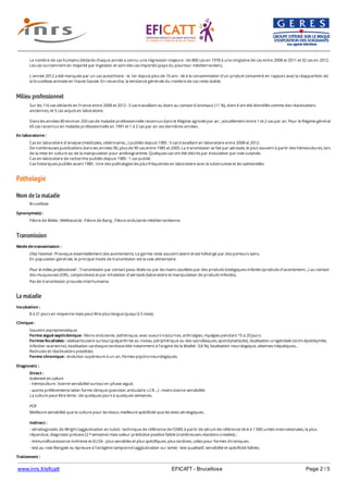 www.inrs.fr/eficatt EFICATT - Brucellose Page 2 / 5
Milieu professionnel
Pathologie
Nom de la maladie
Transmission
La maladie
Le nombre de cas humains déclarés chaque année a connu une régression majeure : de 800 cas en 1978 à une vingtaine de cas entre 2008 et 2011 et 32 cas en 2012.
Les cas surviennent en majorité par ingestion et sont des cas importés (pays du pourtour méditerranéen).
L'année 2012 a été marquée par un cas autochtone - le 1er depuis plus de 10 ans - lié à la consommation d'un produit contaminé en rapport avec la réapparition de
la brucellose animale en Haute-Savoie. En revanche, la tendance générale du nombre de cas reste stable.
Sur les 116 cas déclarés en France entre 2008 et 2012 : 5 cas travaillant ou étant au contact d'animaux (11 %), dont 4 ont été identifiés comme des réactivations
anciennes, et 5 cas acquis en laboratoire.
Dans les années 80 environ 250 cas de maladie professionnelle reconnus dans le Régime agricole par an ; actuellement entre 1 et 2 cas par an. Pour le Régime général
65 cas reconnus en maladie professionnelle en 1991 et 1 à 2 cas par an ces dernières années.
En laboratoire :
Cas en laboratoire d'analyse (médicales, vétérinaires...) publiés depuis 1985 : 5 cas travaillant en laboratoire entre 2008 et 2012.
De nombreuses publications dans les années 90, plus de 90 cas entre 1985 et 2005. La transmission se fait par aérosols, le plus souvent à partir des hémocultures, lors
de la mise en culture ou de la manipulation pour antibiogramme. Quelques cas ont été décrits par inoculation par voie cutanée.
Cas en laboratoire de recherche publiés depuis 1985 : 1 cas publié.
Cas historiques publiés avant 1985 : Une des pathologies les plus fréquentes en laboratoire avec la tuberculose et les salmonelles.
Brucellose
Synonyme(s) :
Fièvre de Malte ; Mélitococcie ; Fièvre de Bang ; Fièvre ondulante méditerranéenne.
Mode de transmission :
Chez l’animal : Provoque essentiellement des avortements. Le germe reste souvent latent et est hébergé par des porteurs sains.
En population générale, le principal mode de transmission est la voie alimentaire.
Pour le milieu professionnel : Transmission par contact peau lésée ou par les mains souillées par des produits biologiques infectés (produits d’avortement…) au contact
des muqueuses (ORL, conjonctives) et par inhalation d’aérosols (laboratoire et manipulation de produits infectés).
Pas de transmission prouvée interhumaine.
Incubation :
8 à 21 jours en moyenne mais peut être plus longue (jusqu’à 5 mois).
Clinique :
Souvent asymptomatique.
Forme aiguë septicémique : fièvre ondulante, asthénique, avec sueurs nocturnes, arthralgies, myalgies pendant 15 à 20 jours.
Formes focalisées : ostéoarticulaire surtout (polyarthrite au niveau périphérique ou des sacroiliaques, spondylodiscite), localisation urogénitale (orchi-épididymite,
infection ovarienne), localisation cardiaque (endocardite notamment à l'origine de la létalité : 0,6 %), localisation neurologique, atteintes hépatiques…
Rechutes et réactivations possibles.
Forme chronique : évolution supérieure à un an, formes psycho-neurologiques.
Diagnostic :
Direct :
Isolement en culture
- hémoculture : bonne sensibilité surtout en phase aiguë,
- autres prélèvements selon forme clinique (ponction articulaire, LCR…) : moins bonne sensibilité.
La culture peut être lente : de quelques jours à quelques semaines.
PCR
Meilleure sensibilité que la culture pour les tissus, meilleure spécificité que les tests sérologiques.
Indirect :
- sérodiagnostic de Wright (agglutination en tube) : technique de référence de l'OMS à partir de sérum de référence titré à 1 000 unités internationales, la plus
répandue, diagnostic précoce (2 semaine) mais valeur prédictive positive faible (nombreuses réactions croisées) ;
- immunofluorescence indirecte et ELISA : plus sensibles et plus spécifiques, plus tardives, utiles pour formes chroniques.
- test au rose Bengale ou épreuve à l'antigène tamponné (agglutination sur lame) : test qualitatif, sensibilité et spécificité faibles.
e
Traitement :
 