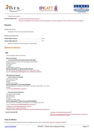 www.inrs.fr/eficatt EFICATT - Fièvres Hémorragiques Virales Page 6 / 7
Liste des maladies à DO
Réparation
Accident du travail
Maladie professionnelle
Non
Eléments de référence
Textes de référence
Infections virales aiguës, importées, hautement contagieuses et leur prise en charge. HCSP, rapport du 18 septembre 2001. 6
2 https://www.ars.sante.fr/
Consultez le site Santé Publique France 3
3 http://invs.santepubliquefrance.fr/Espace-professionnels/Maladies-a-declaration-obligatoire/Liste-des-maladies-a-declaration-obligatoire
Déclaration d'AT selon les circonstances d'exposition.
Tableau Régime Général RG 76
Tableau Régime Agricole
Maladie hors tableau et fonction publique : selon expertise.
CNR
Accès à la liste des CNR
Centre national de référence Arbovirus
CNR Coordonnateur
Institut de Recherche Biomédicale des Armées (IRBA)
Équipe résidente de recherche en infectiologie tropicale (ERRIT)
Unité des Arbovirus
HIA Laveran
CS 50004
13 384 MARSEILLE Cedex 13
Nom du responsable : Dr Isabelle LEPARC-GOFFART
Tél. : 04 91 61 79 00 - Secrétariat : 04 91 61 79 10 - Fax : 04 91 61 75 53
Courriel : isabelle.leparcgoffart@gmail.com - CNRarbovirus@irba.fr
CNR Laboratoires Associés
Institut Pasteur de la Guyane
Laboratoire de virologie
23 avenue Pasteur
BP 6010
97 306 CAYENNE Cedex
Nom du responsable : Dr Dominique ROUSSET
Tél. : 05 94 29 26 09 - Laboratoire : 05 94 29 58 27 - Secrétariat : 05 94 29 58 16 - Fax : 05 94
29 58 09
Courriel : drousset@pasteur-cayenne.fr
CHU Saint Denis de la Réunion
Laboratoire de Microbiologie
CHU Felix Guyon
Allée des Topazes
CS 11021
97 405 SAINT-DENIS Cedex
Nom du responsable : Dr Marie-Christine JAFFAR-BANDJEE
Tél. : 02 62 90 59 34 - Secrétariat : 02 62 90 62 60 - Fax : 02 62 90 53 38 ou 50 54
Courriel : marie-christine.jaffarbandjee@chu-reunion.fr 4
4 mailto:marie-christine.jaffarbandjee@chr-reunion.fr
Site CNR Arbovirus : http://www.ecole-
valdegrace.sante.defense.gouv.fr/rubriques-complementaires/irba-cnr/arbovirus
Consultez le site Santé Publique France 5
5 http://invs.santepubliquefrance.fr/Espace-professionnels/Centres-nationaux-de-
reference/Liste-et-coordonnees-des-CNR
 