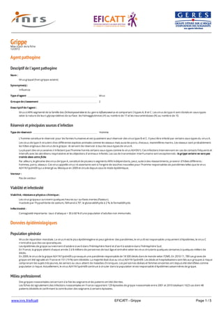 www.inrs.fr/eficatt EFICATT - Grippe Page 1 / 5
GrippeMise à jour de la fiche
12/2012
Agent pathogène
Descriptif de l'agent pathogène
Réservoir et principales sources d'infection
Viabilité et infectiosité
Données épidémiologiques
Population générale
Milieu professionnel
Nom :
Virus grippal (hors grippe aviaire)
Synonyme(s) :
Influenza
Type d'agent Virus
Groupe de classement 2
Descriptif de l'agent :
Virus à ARN segmenté de la famille des Orthomyxoviridae et du genre Influenzaevirus et comportant 3 types A, B et C. Les virus de type A sont divisés en sous-types
selon la nature de leurs glycoprotéines de surface : les hémagglutinines (H) au nombre de 17 et les neuraminidases (N) au nombre de 10.
Type de réservoir Homme
L'homme constitue le réservoir pour les formes humaines et est quasiment seul réservoir des virus type B et C. Il peut être infecté par certains sous-types du virus A.
Les virus de type A circulent chez différentes espèces animales comme les oiseaux mais aussi les porcs, chevaux, mammifères marins. Les oiseaux sont probablement
les hôtes originaux des virus de la grippe : ils servent de réservoir à tous les sous-types de virus A.
La plupart des virus aviaires n'infectent pas l'homme hormis certains sous-types comme le virus A(H5N1). Ces infections interviennent en cas de contacts fréquents et
intensifs avec les sécrétions respiratoires et les déjections d'animaux infectés. Les cas de transmission interhumaine sont exceptionnels : la grippe aviaire ne sera pas
traitée dans cette fiche.
Par ailleurs, le génome des virus de type A, constitué de plusieurs segments ARN indépendants, peut, suite à des réassortiments, provenir d'hôtes différents :
hommes, porcs, oiseaux. Ces virus appelés virus ré-assortants sont à l'origine de souches nouvelles pour l'homme responsables de pandémies telles que le virus
A(H1N1)pdm09 qui a émergé au Mexique en 2009 et circule depuis sous le mode épidémique.
Vecteur :
Pas de vecteur
Viabilité, résistance physico-chimique :
Les virus grippaux survivent quelques heures sur surfaces inertes (Pasteur).
Inactivés par l'hypochlorite de sodium, l'éthanol à 70°, le glutaraldéhyde à 2 %, le formaldéhyde.
Infectiosité :
Contagiosité importante : taux d'attaque = 30 à 60 % d'une population d'adultes non immunisés.
Virus de répartition mondiale. Le virus A est le plus épidémiogène et peut générer des pandémies, le virus B est responsable uniquement d'épidémies, le virus C
n'entraîne que des cas sporadiques.
Les épidémies de grippe surviennent d'octobre à avril dans l'hémisphère Nord et d'avril à octobre dans l'hémisphère Sud.
En France, la grippe atteint chaque année 2 à 8 millions de personnes de tout âge et entraîne selon les virus circulants quelques centaines à quelques milliers de
décès.
En 2009, le virus de la grippe A(H1N1)pdm09 a provoqué une pandémie responsable de 18 500 décès dans le monde selon l'OMS. En 2010-11, 789 cas graves de
grippe ont été signalés en France et 151 (19 %) sont décédés. La majorité était due au virus A(H1N1)pdm09. Les décès et hospitalisations sont liés aux groupes à risque
comprenant les sujets très jeunes, les seniors ou ceux atteint de maladies chroniques. Les personnes obèses et femmes enceintes ont depuis été identifiées comme
population à risque. Actuellement, le virus A(H1N1)pdm09 continue à circuler dans la population et est responsable d'épidémies saisonnières de grippe.
Des grippes nosocomiales concernant à la fois les soignants et les patients ont été décrites.
Les fiches de signalement des infections nosocomiales en France rapportent 129 épisodes de grippe nosocomiale entre 2001 et 2010 totalisant 1623 cas dont 48
patients décédés et confirmant la contribution des soignants à certains épisodes.
 
