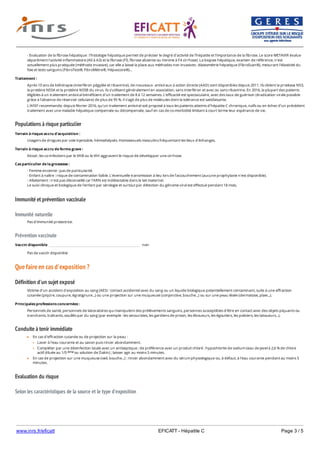 www.inrs.fr/eficatt EFICATT - Hépatite C Page 3 / 5
Populations à risque particulier
Immunité et prévention vaccinale
Immunité naturelle
Prévention vaccinale
Que faire en cas d'exposition ?
Définition d'un sujet exposé
Conduite à tenir immédiate
Evaluation du risque
Selon les caractéristiques de la source et le type d'exposition
- Evaluation de la fibrose hépatique : l'histologie hépatique permet de préciser le degré d'activité de l'hépatite et l'importance de la fibrose. Le score METAVIR évalue
séparément l'activité inflammatoire (A0 à A3) et la fibrose (F0, fibrose absente ou minime à F4 cirrhose). La biopsie hépatique, examen de référence, n'est
actuellement plus pratiquée (méthode invasive), car elle a laissé la place aux méthodes non invasives : élastométrie hépatique (FibroScan®), mesurant l'élasticité du
foie et tests sanguins (FibroTest®, FibroMètre®, Hépascore®)...
Traitement :
Après 10 ans de bithérapie (interféron pégylée et ribavirine), de nouveaux antiviraux à action directe (AAD) sont disponibles depuis 2011. Ils ciblent la protéase NS3,
la protéine NS5A et la protéine NS5B du virus. Ils s'utilisent généralement en association, sans interféron et avec ou sans ribavirine. En 2016, la plupart des patients
éligibles à un traitement antiviral bénéficient d'un traitement de 8 à 12 semaines. L'efficacité est spectaculaire, avec des taux de guérison (éradication virale possible
grâce à l'absence de réservoir cellulaire) de plus de 95 %. Il s'agit de plus de molécules dont la tolérance est satisfaisante.
L'AFEF recommande, depuis février 2016, qu'un traitement antiviral soit proposé à tous les patients atteints d'hépatite C chronique, naïfs ou en échec d'un précédent
traitement avec une maladie hépatique compensée ou décompensée, sauf en cas de co-morbidité limitant à court terme leur espérance de vie.
Terrain à risque accru d'acquisition :
Usagers de drogues par voie injectable, hémodialysés. Homosexuels masculins fréquentant les lieux d'échanges.
Terrain à risque accru de forme grave :
Alcool ; les co-infections par le VHB ou le VIH aggravent le risque de développer une cirrhose.
Cas particulier de la grossesse :
- Femme enceinte : pas de particularité.
- Enfant à naître : risque de contamination faible. L'éventuelle transmission à lieu lors de l'accouchement (aucune prophylaxie n'est disponible).
- Allaitement : n'est pas déconseillé car l'ARN est indétectable dans le lait maternel.
Le suivi clinique et biologique de l'enfant par sérologie et surtout par détection du génome viral est effectué pendant 18 mois.
Pas d'immunité protectrice.
Vaccin disponible non
Pas de vaccin disponible
Victime d'un accident d'exposition au sang (AES) : contact accidentel avec du sang ou un liquide biologique potentiellement contaminant, suite à une effraction
cutanée (piqûre, coupure, égratignure...) ou une projection sur une muqueuse (conjonctive, bouche...) ou sur une peau lésée (dermatose, plaie...).
Principales professions concernées :
Personnels de santé, personnels de laboratoires qui manipulent des prélèvements sanguins, personnes susceptibles d'être en contact avec des objets piquants ou
tranchants, traînants, souillés par du sang (par exemple : les secouristes, les gardiens de prison, les éboueurs, les égoutiers, les policiers, les tatoueurs...).
En cas d'effraction cutanée ou de projection sur la peau :
Laver à l'eau courante et au savon puis rincer abondamment.
Compléter par une désinfection locale avec un antiseptique ; de préférence avec un produit chloré : hypochlorite de sodium (eau de Javel à 2,6 % de chlore
actif diluée au 1/5 ou solution de Dakin) ; laisser agir au moins 5 minutes.
En cas de projection sur une muqueuse (oeil, bouche...) : rincer abondamment avec du sérum physiologique ou, à défaut, à l'eau courante pendant au moins 5
minutes.
ème
Source :
 
