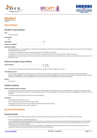 www.inrs.fr/eficatt EFICATT - Hépatite E Page 1 / 5
Hépatite EMise à jour de la fiche
05/2013
Agent pathogène
Descriptif de l'agent pathogène
Réservoir et principales sources d'infection
Viabilité et infectiosité
Données épidémiologiques
Population générale
Nom :
Virus de l'hépatite E
Synonyme(s) :
VHE
Type d'agent Virus
Groupe de classement 3
Descriptif de l'agent :
Virus à ARN simple brin, non-enveloppé qui a été classé comme prototype et seul membre de la famille des Hepeviridae. Le génome viral contient 3 cadres de lectures
(OFR) partiellement chevauchants.
Il n'existe qu'un seul sérotype, mais quatre génotypes majeurs ont été identifiés chez l'homme.
Les génotypes 1 et 2 ne sont retrouvés que chez l'homme et sont responsables des épidémies d'hépatite E (Afrique, Moyen-Orient, Asie).
Les génotypes 3 et 4 sont détectés chez l'homme et de nombreuses espèces animales et sont responsables des cas autochtones d'hépatite E en Europe, au Japon et en
Amérique du Nord.
Type de réservoir Animal
Homme
Ce virus infecte l'homme et de nombreuses espèces animales (porc, sanglier, cerf, lapin, mangouste, rat, poulet).
Principale(s) source(s) :
Le virus VHE est un pathogène à transmission féco-orale de distribution mondiale. Lors des épidémies, la source de l'infection est la contamination fécale des
réservoirs d'eau (génotypes 1 et 2). Pour les génotypes 3 et 4, la transmission se fait par ingestion de viande de porc ou de viande de cervidés (en particulier le foie de
ces animaux) insuffisamment cuite, mais également par contact avec des animaux contaminés (éleveurs de porcs, vétérinaires).
Vecteur :
Pas de vecteur.
Viabilité, résistance physico-chimique :
La stabilité du virus dans le milieu naturel n'est pas connue. Elle semble toutefois plus réduite que pour le virus de l'hépatite A. L'inactivation du virus VHE présent
dans l'alimentation se fait par cuisson (191 °C) ou par ébullition pendant 5 min., par chauffage à 71 °C pendant 20 minutes. Le chauffage à 56 °C pendant 1 heure est
insuffisant.
Le virus est inactivé par l'hypochlorite de sodium ou le glutaraldéhyde.
Infectiosité :
Dose infectieuse chez l'homme inconnue.
In vitro, des cellules sont infectées avec 3,5 10 copies d'ARN.
Chez le singe, des doses de 10 à 10 copies d'ARN sont infectieuses chez 80 % des animaux.
L'infectiosité dépend de la charge virale et du génotype.
4
5 6
Au niveau mondial, on dénombre chaque année plus de 3 millions d'hépatites E aiguës symptomatiques et environ 57 000 décès liés à la maladie.
Deux zones épidémiques sont actuellement distinguées :
- Une zone géographique à forte endémicité (Afrique, Moyen-Orient, Asie, Amérique centrale) où il existe des épidémies d'hépatites E cliniques, et où les hépatites E
représentent plus de 25 % des hépatites aiguës. La transmission de personne à personne se produit rarement contrairement à l'hépatite A. Dans ces pays, une
séroprévalence de 10 à 70 % est rapportée.
- La deuxième zone correspond à des pays de moindre endémicité (pas d'épidémie et les hépatites E représentent moins de 25 % des cas d'hépatites cliniques).
Ces pays correspondent aux pays industrialisés d'Europe, d'Amérique ou d'Asie (Japon).
Dans ces pays, les hépatites E sont :
 