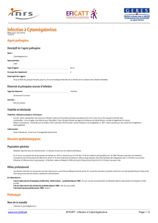 www.inrs.fr/eficatt EFICATT - Infection à Cytomégalovirus Page 1 / 5
Infection à CytomégalovirusMise à jour de la fiche
12/2015
Agent pathogène
Descriptif de l'agent pathogène
Réservoir et principales sources d'infection
Viabilité et infectiosité
Données épidémiologiques
Population générale
Milieu professionnel
Pathologie
Nom de la maladie
Nom :
Cytomégalovirus
Synonyme(s) :
CMV
Type d'agent Virus
Groupe de classement 2
Descriptif de l'agent :
Virus à ADN du groupe herpès, pourvu d'une enveloppe dérivée de la membrane nucléaire des cellules infectées.
Type de réservoir Homme
Strictement humain.
Vecteur :
Pas de vecteur
Viabilité, résistance physico-chimique :
Survie : perd rapidement son pouvoir infectant mais survit quelques temps (quelques heures à 7 jours) sur les supports inertes secs.
Inactivation : virus fragile, il est détruit par l'ébullition, l'eau de Javel diluée, les agents chimiques de désinfection usuelle et également le savon.
Moyens physiques : inactivité par la chaleur (56°C pendant 30 minutes) ; serait résistant à la congélation à - 80°C mais inactivé par des cycles de congélation-
décongélation.
Infectiosité :
Dose infectieuse : inconnue. Contagiosité importante.
Maladie répartie dans le monde entier. L'infection évolue sur le mode endémique.
En France, une étude de séroprévalence menée en 2010, a montré que 41,9 % des 15-49 ans étaient séropositifs pour le CMV. Plusieurs études ont estimé la
prévalence de l'immunité anti-CMV entre 43 et 51 % chez la femme enceinte en début de grossesse. Parmi les femmes séronégatives, 0,6 à 1,4 % font une primo-
infection à CMV pendant la grossesse. L'infection materno-fœtale à CMV est la plus fréquente et touche 0,5 à 2 % des nouveau-nés.
Les études menées ne retrouvent pas de risque accru parmi les professionnels de santé. En revanche, plusieurs études montrent une séropositivité plus fréquente
chez les personnels de crèche, comparés à des témoins.
En laboratoire :
Cas en laboratoire d'analyses (médicales, vétérinaires...) publiés depuis 1985 : Aucun cas de contamination professionnelle en laboratoire d’analyses n’a été
publié.
Cas en laboratoire de recherche publiés depuis 1985 : Pas de cas publié.
Cas historiques publiés avant 1985 : Néant.
Infection à cytomégalovirus
 