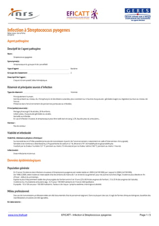 www.inrs.fr/eficatt EFICATT - Infection à Streptococcus pyogenes Page 1 / 5
Infection à Streptococcus pyogenesMise à jour de la fiche
07/2012
Agent pathogène
Descriptif de l'agent pathogène
Réservoir et principales sources d'infection
Viabilité et infectiosité
Données épidémiologiques
Population générale
Milieu professionnel
Nom :
Streptococcus pyogenes
Synonyme(s) :
Streptocoque du groupe A de Lancefield
Type d'agent Bactérie
Groupe de classement 2
Descriptif de l'agent :
Coque à Gram positif, bêta-hémolytique.
Type de réservoir Homme
Principalement humain.
Germe présent au niveau du rhinopharynx et des lésions cutanées, plus rarement sur d'autres muqueuses : génitales (vagin) ou digestive (surtout au niveau de
l'anus).
Présence dans l'environnement de personnes porteuses ou infectées.
Principale(s) source(s) :
Portage pharyngé 5 % adultes, 20 % enfants.
Lésion peau, muqueuses génitales ou anales.
Varicelle surinfectée.
En cas d'infection invasive, le streptocoque peut être isolé dans le sang, LCR, liquide pleural, articulaire...
Vecteur :
Pas de vecteur
Viabilité, résistance physico-chimique :
Survie extérieure à l’hôte possible (preuves de transmission à partir de l’ environnement, notamment en salle d’intervention chirurgicale).
Sensible à de nombreux désinfectants, à l’hypochlorite de sodium à 1 %, éthanol à 70°, formaldéhyde et glutaraldéhyde.
Inactivé par la chaleur humide (121 °C pendant au moins 15 minutes) et par la chaleur sèche (160 °C pendant au moins 1 heure).
Infectiosité :
Dose infectante inconnue.
En France, l'incidence des infections invasives à Streptococcis pyogenes est restée stable en 2009 (2,6/100 000) par rapport à 2008 (2,4/100 000).
De 1998 à 2009, cette incidence reste stable chez les enfants de moins de 1 an et tend à augmenter pour les autres tranches d'âge. Incidence plus élevée en fin
d'hiver - début du printemps.
Espèce la plus fréquemment isolée des pharyngites de l’enfant entre 5 et 10 ans (25 à 40 % des angines de l’enfant ; 15 à 25 % des angines de l’adulte).
Incidence du rhumatisme articulaire aigu : 0,15 pour 100 000 habitants en France métropolitaine.
Erysipèle : 10 à 100 cas pour 100 000 habitants ; facteurs de risque : lympho-oedème, intertrigos et obésité.
Des cas de transmissions professionnelles ont été documentés chez le personnel soignant. Dans la plupart des cas, il s'agit de formes cliniques bénignes, toutefois des
manifestations invasives ont été signalées.
En laboratoire :
Cas en laboratoire d'analyses (médicales, vétérinaires...) publiés depuis 1985 : Néant.
 