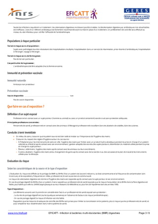 www.inrs.fr/eficatt EFICATT - Infection à bactéries multi-résistantes (BMR) digestives Page 3 / 6
Populations à risque particulier
Immunité et prévention vaccinale
Immunité naturelle
Prévention vaccinale
Que faire en cas d'exposition ?
Définition d'un sujet exposé
Conduite à tenir immédiate
Evaluation du risque
Selon les caractéristiques de la source et le type d'exposition
Seules les infections requièrent un traitement ; les colonisations digestives ne doivent pas être traitées : la décolonisation digestive par antibiotiques non absorbables
est inefficace. L'avis d'un référent antibiotique est fortement recommandé avant la mise en place d'un traitement. Un prélèvement de contrôle sera effectué au
niveau du site infectieux pour vérifier l'efficacité de l'antibiothérapie.
Terrain à risque accru d'acquisition :
Sujets avec pathologies lourdes nécessitant des hospitalisations multiples, hospitalisation dans un service de réanimation, prise récente d'antibiotiques, hospitalisation
à l'étranger, voyage à l'étranger.
Terrain à risque accru de forme grave :
Pas de terrain particulier.
Cas particulier de la grossesse :
L'antibiothérapie doit être adaptée chez la femme enceinte.
Anticorps non protecteur.
Vaccin disponible non
Pas de vaccin disponible
Professionnel en contact avec un sujet porteur (homme ou animal) ou avec un produit contaminé (viande crue) sans protection adéquate.
Principales professions concernées :
Personnels de santé, professionnels en contact avec des animaux d'élevage et professionnels travaillant dans les abattoirs de volailles, dans les cuisines.
En milieu de soins, s'assurer que le patient source est bien isolé et insister sur l'importance de l'hygiène des mains.
S'assurer du respect des règles d'hygiène autour du cas source :
À l'hôpital et pour les intervenants de soins en ville : hygiène des mains par friction avec un produit hydro-alcoolique pendant la prise en charge d'un patient
colonisé ou infecté et après contact avec son environnement ; gestion adaptée des excreta des sujets porteurs, désinfection du matériel utilisé pendant la prise
en charge du sujet porteur.
Éleveur, vétérinaire : hygiène des mains après contact avec les animaux ou leurs excréments.
Cuisine, abattoirs : hygiène des mains et/ou changement de gants après contact avec de la viande crue, des carcasses et le plan de travail et les instruments
utilisés pour la découpe.
L'évaluation du risque est difficile car le portage de BMR ou BHRe chez un patient est souvent méconnu, la dose contaminante et la fréquence de contamination sont
inconnues, et les expositions, fréquentes en milieu professionnel, le sont aussi dans la communauté.
Le risque de colonisation digestive est minime si l'hygiène des mains est respectée après contact avec le sujet porteur et son environnement.
En cas de portage digestif de BHRe chez un patient, il sera rappelé aux professionnels de santé exposés que le risque d'acquisition de la BHRe dans la flore digestive est
faible, plus faible que celle du SARM (staphylocoque aureus résistant à la Méticilline) au plus fort de l'épidémie dans les années 1990.
Type d'exposition :
Les éléments suivants sont à prendre en considération face à un professionnel de santé exposé sans protection :
- La durée de portage digestif est courte (quelques semaines) en l'absence de facteurs de risque (antibiothérapie) ;
- En cas de portage digestif, le risque d'infection est très faible.
Rappelons que les mesures drastiques de contrôle des BHRe sont prises pour limiter la transmission entre patients, plus à risque que les professionnels de santé, et
pour empêcher leur dissémination dans notre système de santé.
 