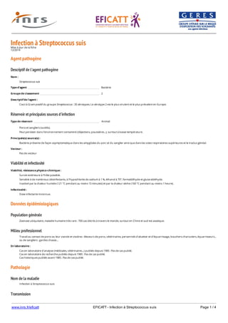 www.inrs.fr/eficatt EFICATT - Infection à Streptococcus suis Page 1 / 4
Infection à Streptococcus suisMise à jour de la fiche
12/2014
Agent pathogène
Descriptif de l'agent pathogène
Réservoir et principales sources d'infection
Viabilité et infectiosité
Données épidémiologiques
Population générale
Milieu professionnel
Pathologie
Nom de la maladie
Transmission
Nom :
Streptococcus suis
Type d'agent Bactérie
Groupe de classement 2
Descriptif de l'agent :
Cocci à Gram positif du groupe Streptococcus : 35 sérotypes. Le sérotype 2 est le plus virulent et le plus prévalent en Europe.
Type de réservoir Animal
Porcs et sangliers (suidés).
Peut persister dans l'environnement contaminé (déjections, poussières...), surtout à basse température.
Principale(s) source(s) :
Bactérie présente de façon asymptomatique dans les amygdales du porc et du sanglier ainsi que dans les voies respiratoires supérieures et le tractus génital.
Vecteur :
Pas de vecteur
Viabilité, résistance physico-chimique :
Survie extérieure à l'hôte possible.
Sensible à de nombreux désinfectants, à l'hypochlorite de sodium à 1 %, éthanol à 70°, formaldéhyde et glutaraldéhyde.
Inactivé par la chaleur humide (121 °C pendant au moins 15 minutes) et par la chaleur sèche (160 °C pendant au moins 1 heure).
Infectiosité :
Dose infectante inconnue.
Zoonose ubiquitaire, maladie humaine très rare : 700 cas décrits à travers le monde, surtout en Chine et sud-est asiatique.
Travail au contact de porcs ou leur viande et viscères : éleveurs de porcs, vétérinaires, personnels d'abattoir et d'équarrissage, bouchers-charcutiers, équarrisseurs...
ou de sangliers : gardes-chasse...
En laboratoire :
Cas en laboratoire d'analyse (médicales, vétérinaires...) publiés depuis 1985 : Pas de cas publié.
Cas en laboratoire de recherche publiés depuis 1985 : Pas de cas publié.
Cas historiques publiés avant 1985 : Pas de cas publié.
Infection à Streptococcus suis
 