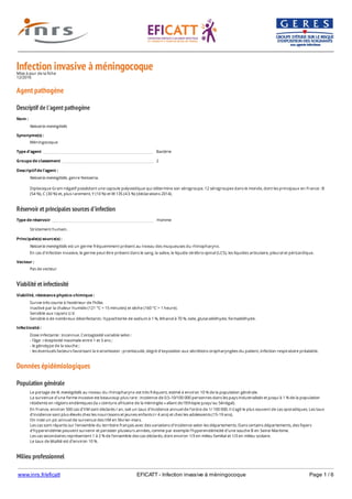 www.inrs.fr/eficatt EFICATT - Infection invasive à méningocoque Page 1 / 6
Infection invasive à méningocoqueMise à jour de la fiche
12/2016
Agent pathogène
Descriptif de l'agent pathogène
Réservoir et principales sources d'infection
Viabilité et infectiosité
Données épidémiologiques
Population générale
Milieu professionnel
Nom :
Neisseria meningitidis
Synonyme(s) :
Méningocoque
Type d'agent Bactérie
Groupe de classement 2
Descriptif de l'agent :
Neisseria meningitidis, genre Neisseria.
Diplocoque Gram négatif possèdant une capsule polyosidique qui détermine son sérogroupe. 12 sérogroupes dans le monde, dont les principaux en France : B
(54 %), C (30 %) et, plus rarement, Y (10 %) et W 135 (4.5 %) (déclarations 2014).
Type de réservoir Homme
Strictement humain.
Principale(s) source(s) :
Neisseria meningitidis est un germe fréquemment présent au niveau des muqueuses du rhinopharynx.
En cas d'infection invasive, le germe peut être présent dans le sang, la salive, le liquide cérébro-spinal (LCS), les liquides articulaire, pleural et péricardique.
Vecteur :
Pas de vecteur
Viabilité, résistance physico-chimique :
Survie très courte à l'extérieur de l'hôte.
Inactivé par la chaleur humide (121 °C > 15 minutes) et sèche (160 °C > 1 heure).
Sensible aux rayons U.V.
Sensible à de nombreux désinfectants : hypochlorite de sodium à 1 %, éthanol à 70 %, iode, glutaraldéhyde, formaldéhyde.
Infectiosité :
Dose infectante : inconnue. Contagiosité variable selon :
- l'âge : réceptivité maximale entre 1 et 3 ans ;
- le génotype de la souche ;
- les éventuels facteurs favorisant la transmission : promiscuité, degré d'exposition aux sécrétions oropharyngées du patient, infection respiratoire préalable.
Le portage de N. meningitidis au niveau du rhinopharynx est très fréquent, estimé à environ 10 % de la population générale.
La survenue d’une forme invasive est beaucoup plus rare : incidence de 0.5-10/100 000 personnes dans les pays industrialisés et jusqu'à 1 % de la population
résidente en régions endémiques (la « ceinture africaine de la méningite » allant de l'Ethiopie jusqu'au Sénégal).
En France, environ 500 cas d’IIM sont déclarés / an, soit un taux d’incidence annuel de l’ordre de 1/ 100 000. Il s’agit le plus souvent de cas sporadiques. Les taux
d’incidence sont plus élevés chez les nourrissons et jeunes enfants (< 4 ans) et chez les adolescents (15-19 ans).
On note un pic annuel de survenue des IIM en février-mars.
Les cas sont répartis sur l'ensemble du territoire français avec des variations d'incidence selon les départements. Dans certains départements, des foyers
d'hyperendémie peuvent survenir et persister plusieurs années, comme par exemple l'hyperendémicité d'une souche B en Seine-Maritime.
Les cas secondaires représentent 1 à 2 % de l’ensemble des cas déclarés, dont environ 1/3 en milieu familial et 1/3 en milieu scolaire.
Le taux de létalité est d’environ 10 %.
Très rares cas rapportés en milieu de soins (dont 1 cas chez un pédiatre lors d’une intubation en France en 1999). En 2009, deux cas aux USA chez un policier et un
 