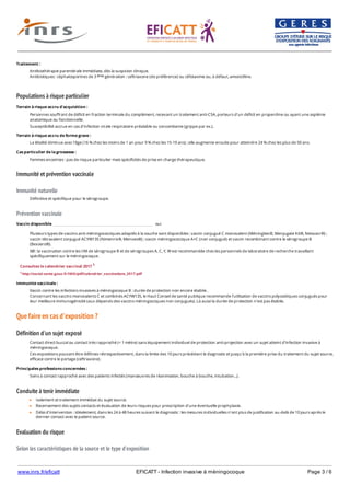 www.inrs.fr/eficatt EFICATT - Infection invasive à méningocoque Page 3 / 6
Populations à risque particulier
Immunité et prévention vaccinale
Immunité naturelle
Prévention vaccinale
Que faire en cas d'exposition ?
Définition d'un sujet exposé
Conduite à tenir immédiate
Evaluation du risque
Selon les caractéristiques de la source et le type d'exposition
Traitement :
Antibiothérapie parentérale immédiate, dès la suspicion clinique.
Antibiotiques : céphalosporines de 3 génération : ceftriaxone (de préférence) ou céfotaxime ou, à défaut, amoxicilline.ème
Terrain à risque accru d'acquisition :
Personnes souffrant de déficit en fraction terminale du complément, recevant un traitement anti-C5A, porteurs d'un déficit en properdine ou ayant une asplénie
anatomique ou fonctionnelle.
Susceptibilité accrue en cas d'infection virale respiratoire préalable ou concomitante (grippe par ex.).
Terrain à risque accru de forme grave :
La létalité diminue avec l'âge (16 % chez les moins de 1 an pour 9 % chez les 15-19 ans) ; elle augmente ensuite pour atteindre 24 % chez les plus de 50 ans.
Cas particulier de la grossesse :
Femmes enceintes : pas de risque particulier mais spécificités de prise en charge thérapeutique.
Définitive et spécifique pour le sérogroupe.
Vaccin disponible oui
Plusieurs types de vaccins anti-méningococciques adaptés à la souche sont disponibles : vaccin conjugué C monovalent (Méningitec®, Menjugate Kit®, Neisvacr®) ;
vaccin tétravalent conjugué ACYW135 (Nimenrix®, Menveo®) ; vaccin méningococcique A+C (non conjugué) et vaccin recombinant contre le sérogroupe B
(Bexsero®).
NB : la vaccination contre les IIM de sérogroupe B et de sérogroupes A, C, Y, W est recommandée ches les personnels de laboratoire de recherche travaillant
spécifiquement sur le méningocoque.
Consultez le calendrier vaccinal 2017 1
1 http://social-sante.gouv.fr/IMG/pdf/calendrier_vaccinations_2017.pdf
Immunite vaccinale :
Vaccin contre les infections invasives à méningocoque B : durée de protection non encore établie.
Concernant les vaccins monovalents C et combinés ACYW135, le Haut Conseil de santé publique recommande l’utilisation de vaccins polyosidiques conjugués pour
leur meilleure immunogénicité (aux dépends des vaccins méningocciques non conjugués). Là aussi la durée de protection n’est pas établie.
Contact direct buccal ou contact très rapproché (< 1 mètre) sans équipement individuel de protection anti-projection avec un sujet atteint d’infection invasive à
méningocoque.
Ces expositions pouvant être définies rétrospectivement, dans la limite des 10 jours précédant le diagnostic et jusqu'à la première prise du traitement du sujet source,
efficace contre le portage (ceftriaxone).
Principales professions concernées :
Soins à contact rapproché avec des patients infectés (manœuvres de réanimation, bouche à bouche, intubation...).
Isolement et traitement immédiat du sujet source.
Recensement des sujets contacts et évaluation de leurs risques pour prescription d'une éventuelle prophylaxie.
Délai d'intervention : idéalement, dans les 24 à 48 heures suivant le diagnostic : les mesures individuelles n'ont plus de justification au-delà de 10 jours après le
dernier contact avec le patient source.
Produit biologique : salive, sécrétions oropharyngées, ± autres liquides biologiques infectés (LCS...).
 