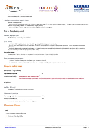 www.inrs.fr/eficatt EFICATT - Légionellose Page 4 / 5
Selon les caractéristiques du sujet exposé
Prise en charge du sujet exposé
Mesures prophylactiques
Suivi médical
Pour l'entourage du sujet exposé
Démarche médico-légale
Déclaration / signalement
Liste des maladies à DO
Réparation
Accident du travail
Maladie professionnelle
Non
Non
Eléments de référence
3 - Fréquence et durée d'exposition aux aérosols.
Immunité, risques particuliers :
- Personnes à haut risque : immunodéprimés sévères (transplantation ou greffe d'organe, corticothérapie prolongée [> 0,5 mg/kg de prednisone pendant au moins
30 jours] ou récente à haute dose [> 5 mg/kg pendant plus de 5 jours]).
- Personnes à risque : affections respiratoires chroniques, âge élevé, alcoolisme, tabagisme.
Pas d'indication à une prophylaxie antibiotique.
- Surveillance de la température et de la survenue de signes respiratoires des personnes exposées.
- En cas de signes cliniques évoquant une légionellose : recherche d'antigène soluble urinaire (si L. pneumophila sérogroupe 1) et/ou sérologie et radiographie
pulmonaire.
- L'obtention de la souche bactérienne (prélèvements d'origine bronchique) est souhaitable pour permettre éventuellement de rattacher le cas à une source
environnementale par étude génotypique des souches isolées.
En cas de grossesse :
La légionellose ne semble pas avoir une plus grande fréquence ou gravité chez les femmes enceintes.
- Si personne de l'entourage exposée de la même façon : même suivi médical ;
- Pas de précaution d'isolement autour d'un patient porteur d'une légionellose (pas de transmission inter-humaine).
Déclaration obligatoire oui
Consultez le site Santé Publique France 1
1 http://invs.santepubliquefrance.fr/Espace-professionnels/Maladies-a-declaration-obligatoire/Liste-des-maladies-a-declaration-obligatoire
Déclaration d'AT selon les circonstances d'exposition.
Tableau Régime Général
Tableau Régime Agricole
Maladie hors tableau et fonction publique : selon expertise.
CNR
Centre national de référence Legionella
Hospices civils de Lyon (HCL)
Institut des Agents Infectieux
 