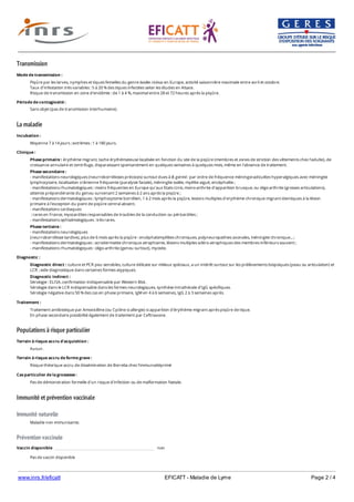 www.inrs.fr/eficatt EFICATT - Maladie de Lyme Page 2 / 4
Transmission
La maladie
Populations à risque particulier
Immunité et prévention vaccinale
Immunité naturelle
Prévention vaccinale
Mode de transmission :
Piqûre par les larves, nymphes et tiques femelles du genre Ixodes ricinus en Europe, activité saisonnière maximale entre avril et octobre.
Taux d'infestation très variables : 5 à 20 % des tiques infectées selon les études en Alsace.
Risque de transmission en zone d'endémie : de 1 à 4 %, maximal entre 28 et 72 heures après la piqûre.
Période de contagiosité :
Sans objet (pas de transmission interhumaine).
Incubation :
Moyenne 7 à 14 jours ; extrêmes : 1 à 180 jours.
Clinique :
Phase primaire : érythème migrant, tache érythémateuse localisée en fonction du site de la piqûre (membres et zones de striction des vêtements chez l'adulte), de
croissance annulaire et centrifuge, disparaissant spontanément en quelques semaines à quelques mois, même en l'absence de traitement.
Phase secondaire :
- manifestations neurologiques (neurroborrélioses précoces) surtout dues à B. garinii : par ordre de fréquence méningoradiculites hyperalgiques avec méningite
lymphocytaire, localisation crânienne fréquente (paralysie faciale), méningite isolée, myélite aiguë, encéphalite ;
- manifestations rhumatologiques : moins fréquentes en Europe qu’aux Etats-Unis, mono-arthrite d’apparition brusque, ou oligo arthrite (grosses articulations),
atteinte prépondérante du genou survenant 2 semaines à 2 ans après la piqûre ;
- manifestations dermatologiques : lymphocytome borrélien, 1 à 2 mois après la piqûre, lesions multiples d'erythème chronique migrant identiques à la lésion
primaire à l'exception du point de piqûre central absent.
- manifestations cardiaques
: rares en France, myocardites responsables de troubles de la conduction ou péricardites ;
- manifestations ophtalmologiques : très rares.
Phase tertiaire :
- manifestations neurologiques
(neurroborréliose tardive), plus de 6 mois après la piqûre : encéphalomyélites chroniques, polyneuropathies axonales, méningite chronique... ;
- manifestations dermatologiques : acrodermatite chronique atrophiante, lésions multiples scléro-atrophiques des membres inférieurs souvent ;
- manifestations rhumatologiques : oligo-arthrite (genou surtout), myosite.
Diagnostic :
Diagnostic direct : culture et PCR peu sensibles, culture délicate sur milieux spéciaux, a un intérêt surtout sur les prélèvements biopsiques (peau ou articulation) et
LCR ; aide diagnostique dans certaines formes atypiques.
Diagnostic indirect :
Sérologie : ELISA, confirmation indispensable par Western Blot.
Sérologie dans le LCR indispensable dans les formes neurologiques, synthèse intrathécale d'IgG spécifiques.
Sérologie négative dans 50 % des cas en phase primaire, IgM en 4 à 6 semaines, IgG 2 à 3 semaines après.
Traitement :
Traitement antibiotique par Amoxicilline (ou Cycline si allergie) si apparition d'érythème migrant après piqûre de tique.
En phase secondaire possibilité également de traitement par Ceftriaxone.
Terrain à risque accru d'acquisition :
Aucun.
Terrain à risque accru de forme grave :
Risque théorique accru de dissémination de Borrelia chez l'immunodéprimé
Cas particulier de la grossesse :
Pas de démonstration formelle d'un risque d'infection ou de malformation foetale.
Maladie non immunisante.
Vaccin disponible non
Pas de vaccin disponible
 
