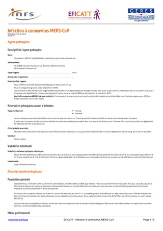 www.inrs.fr/eficatt EFICATT - Infection à coronavirus MERS-CoV Page 1 / 5
Infection à coronavirus MERS-CoVMise à jour de la fiche
01/2015
Agent pathogène
Descriptif de l'agent pathogène
Réservoir et principales sources d'infection
Viabilité et infectiosité
Données épidémiologiques
Population générale
Milieu professionnel
Nom :
Coronavirus MERS-CoV (Middle East respiratory syndrome coronavirus).
Synonyme(s) :
HCoV-EMC (Human Coronavirus - Erasmus Medical Center).
NCoV (Novel Coronavirus).
Type d'agent Virus
Groupe de classement ...
Descriptif de l'agent :
Virus à ARN de la famille des Coronaviridae, genre bêta-coronavirus.
Virus enveloppé de grande taille, simple brin d'ARN.
Les coronavirus font partie d'une large famille incluant des virus responsables de simples rhumes mais aussi, le plus connu, SRAS induit par le virus SARS-CoV, qui a
provoqué une épidémie de "pneumonie atypique" ayant causé la mort de 800 personnes dans le monde en 2013.
Seul le Coronavirus MERS-CoV sera traité ici. Ce nouveau Coronavirus est une souche particulière jamais encore identifiée chez l'homme, apparue en 2012 en
Arabie Saoudite, non encore classé.
Type de réservoir Animal
Homme
Les connaissances sont encore limitées concernant le réservoir du virus : l'homme peut être retenu du fait de cas de transmission inter-humaine.
D'autre part, certaines études ont mis en évidence que les dromadaires pouvaient être une source d'infection pour l'homme. Des virus très proches ont également
été détectés chez les chauves-souris.
Principale(s) source(s) :
Sécrétions des voies aériennes supérieures et inférieures des patients. Le virus peut éventuellement être retrouvé également dans le sang, les urines et les selles.
Vecteur :
Pas de vecteur
Viabilité, résistance physico-chimique :
Pas de donnée spécifique à MERS-CoV, néanmoins, les Coronavirus, sont classiquement sensibles à l'hypochlorite de sodium à 0,1 %, aux composés organochlorés à
0,1 %, aux iodophores à 10 %, à l'éthanol à 70 % et au glutaraldéhyde à 2 %. Résistants aux composés d'ammonium quaternaire à 0,04 % et aux dérivés phénoliques.
Infectiosité :
Dose infectante inconnue.
Globalement au 17/01/2015, 956 cas dont 351 sont décédés, ont été notifiés à l'OMS. Âge médian = 56 ans et prédominance masculine. À ce jour, seuls les pays de la
Péninsule Arabique ont rapporté des cas primaires autochtones. Les cas identifiés dans d'autres pays sont tous des cas qui ont été exposés dans la Péninsule
Arabique, ou des cas secondaires à ces cas importés.
En France, deux patients infectés par le MERS-CoV ont été identifiés, en mai 2013. Le premier patient avait effectué un séjour touristique aux Émirats Arabes Unis
dans les 14 jours précédant les signes cliniques. Les investigations menées autour de ce patient décédé ont permis d'identifier, parmi les contacts, un autre cas de
MERS-CoV.
Les données sont susceptibles d'évoluer en fonction des connaissances et de la situation épidémiologique. Elles seront alors réactualisées au regard des nouvelles
données, recommandations et publications.
 