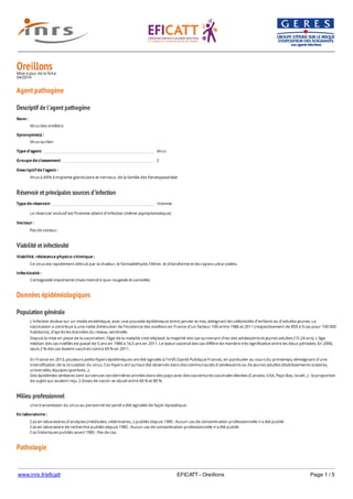 www.inrs.fr/eficatt EFICATT - Oreillons Page 1 / 5
OreillonsMise à jour de la fiche
04/2014
Agent pathogène
Descriptif de l'agent pathogène
Réservoir et principales sources d'infection
Viabilité et infectiosité
Données épidémiologiques
Population générale
Milieu professionnel
Pathologie
Nom :
Virus des oreillons
Synonyme(s) :
Virus ourlien
Type d'agent Virus
Groupe de classement 2
Descriptif de l'agent :
Virus à ARN à tropisme glandulaire et nerveux, de la famille des Paramyxoviridae
Type de réservoir Homme
Le réservoir exclusif est l’homme atteint d’infection (même asymptomatique).
Vecteur :
Pas de vecteur.
Viabilité, résistance physico-chimique :
Ce virus est rapidement détruit par la chaleur, le formaldéhyde, l’éther, le chloroforme et les rayons ultra-violets.
Infectiosité :
Contagiosité importante (mais moindre que rougeole et varicelle).
L’infection évolue sur un mode endémique, avec une poussée épidémique entre janvier et mai, atteignant les collectivités d’enfants ou d’adultes jeunes. La
vaccination a contribué à une nette diminution de l’incidence des oreillons en France d'un facteur 100 entre 1986 et 2011 (respectivement de 859 à 9 cas pour 100 000
habitants), d'après les données du réseau sentinelle.
Depuis la mise en place de la vaccination, l'âge de la maladie s'est déplacé, la majorité des cas survenant chez des adolescents et jeunes adultes (15-24 ans). L'âge
médian des cas notifiés est passé de 5 ans en 1986 à 16,5 ans en 2011. Le statut vaccinal des cas diffère de manière très significative entre les deux périodes. En 2006,
seuls 2 % des cas étaient vaccinés contre 69 % en 2011.
En France en 2013, plusieurs petits foyers épidémiques ont été signalés à l'InVS (Santé Publique France), en particulier au cours du printemps, témoignant d'une
intensification de la circulation du virus. Ces foyers ont surtout été observés dans des communautés d'adolescents ou de jeunes adultes (établissements scolaires,
universités, équipes sportives...).
Des épidémies similaires sont survenues ces dernières années dans des pays avec des couvertures vaccinales élevées (Canada, USA, Pays-Bas, Israël...) : la proportion
de sujets qui avaient reçu 2 doses de vaccin se situait entre 60 % et 80 %.
Une transmission du virus au personnel de santé a été signalée de façon épisodique.
En laboratoire :
Cas en laboratoires d'analyses (médicales, vétérinaires...) publiés depuis 1985 : Aucun cas de contamination professionnelle n’a été publié.
Cas en laboratoire de recherche publiés depuis 1985 : Aucun cas de contamination professionnelle n’a été publié.
Cas historiques publiés avant 1985 : Pas de cas.
 
