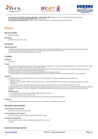 www.inrs.fr/eficatt EFICATT - Ornithose-psittacose Page 2 / 4
Pathologie
Nom de la maladie
Transmission
La maladie
Populations à risque particulier
Immunité et prévention vaccinale
En laboratoire :
Cas en laboratoire d'analyses (médicales, vétérinaires...) publiés depuis 1985 : Quelques cas décrits uniquement en laboratoires vétérinaires.
Cas en laboratoire de recherche publiés depuis 1985 : Pas de cas décrit.
Cas historiques publiés avant 1985 : Au moins 116 cas décrits, dont 10 décédés. Principalement en laboratoires vétérinaires.
Ornithose-psittacose
Synonyme(s) :
Chlamydiose aviaire chez les oiseaux
Mode de transmission :
Inhalation de poussières infectantes contaminées par des fientes d’oiseaux ou lors de la manipulation d’un oiseau infecté ou de ses plumes ou de ses tissus.
En France, 50 % des oiseaux sont séroprévalents avec une variation inter espèce (80 % chez les ansériformes).
La transmission interhumaine a été évoquée mais non prouvée.
Incubation :
5 à 19 jours.
Clinique :
Non spécifique. La forme la plus évocatrice est une pneumopathie atypique révélée par un syndrome pseudo-grippal le plus souvent avec fièvre (39 - 40°C), frissons,
céphalées intenses, myalgies (> 95 %), toux sèche, conjonctivite (> 50 %).
Complications : respiratoires (détresse respiratoire aiguë), digestives avec diarrhée (35 %) dans les formes typhoïdes, neurologiques (troubles de la conscience,
méningite lymphocytaire, encéphalite) et plus tardivement cardiaques.
Des atteintes hépatiques, rénales, cutanéo- muqueuses, hématologiques ont été également décrites.
La radiographie pulmonaire est anormale (opacités alvéolaires) dans 75 % des cas. Létalité : 10 à 20 % en l’absence de traitement, < 1 % sous traitement.
Diagnostic :
Le diagnostic repose sur la suspicion clinique et sur la mise en évidence de la présence de l'agent pathogène ou d'anticorps spécifiques.
1. Diagnostic direct par :
isolement sur culture cellulaire : difficile, nécessite le plus souvent un examen invasif (lavages broncho-alvéolaires, mais également possible sur crachat et
hémoculture) ;
PCR à partir d'échantillons respiratoires (écouvillonnage pharyngé), réalisée seulement par certains laboratoires spécialisés dont le CNR.
2. Diagnostic indirect : recherche d'IgG et d'IgM. Résultats interprétés avec précaution, notamment si titres <1/128, car leur spécificité est limitée (réaction croisée avec
C. pneumoniae, C. trachomatis, and C. felis). La réalisation de 2 sérologies à 5 semaines d'intervalle est nécessaire pour objectiver une élévation significative des
anticorps.
Définition des cas :
cas possible (titre IgG ⩽ 64 sans IgM ou lien épidémiologique avec un cas confirmé) ;
cas probable (présence d'IgM ou titre IgG ⩽ 128) ;
cas confirmé (recherche directe positive ou séroconversion ou augmentation de quatre fois le titre des IgG).
Traitement :
Cyclines ou fluoroquinolones pendant 10 à 21 jours. En cas de contre-indication, un macrolide peut être utilisé.
Terrain à risque accru d'acquisition :
Pas de facteur de risque individuel identifié.
Terrain à risque accru de forme grave :
Âge élevé, alcoolisme, diabète, insuffisance respiratoire, déficit immunitaire.
Cas particulier de la grossesse :
Pas de donnée concernant l'infection à chlamydia psittaci chez la femme enceinte.
Grossesse.
 
