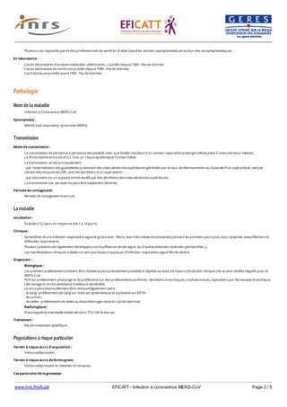 www.inrs.fr/eficatt EFICATT - Infection à coronavirus MERS-CoV Page 2 / 5
Pathologie
Nom de la maladie
Transmission
La maladie
Populations à risque particulier
Plusieurs cas rapportés parmi des professionnels de santé en Arabie Saoudite, certains asymptomatiques autour des cas symptomatiques.
En laboratoire :
Cas en laboratoires d'analyse (médicales, vétérinaires...) publiés depuis 1985 : Pas de donnée.
Cas en laboratoire de recherche publiés depuis 1985 : Pas de donnée.
Cas historiques publiés avant 1985 : Pas de donnée.
Infection à Coronavirus MERS-CoV
Synonyme(s) :
Middle East respiratory syndrome (MERS)
Mode de transmission :
La transmission de personne à personne est possible, bien que limitée résultant d'un contact rapproché prolongé (même pièce à moins de deux mètres).
Le R0 est estimé entre 0,6 et 0,7, d'où un risque épidémique humain faible.
La transmission se fait principalement :
- par l'intermédiaire des gouttelettes provenant des voies aériennes supérieures générées par la toux, les éternuements ou la parole d'un sujet infecté, soit par
contact des muqueuses ORL avec les secrétions d'un sujet atteint ;
- par des mains ou un support inerte souillé par des sécrétions des voies aériennes supérieures.
La transmission par aérosols ne peut être totalement éliminée.
Période de contagiosité :
Période de contagiosité inconnue.
Incubation :
Évaluée à 5,2 jours en moyenne (de 1 à 14 jours).
Clinique :
Symptômes d'une infection respiratoire aiguë et grave avec : fièvre, diarrhée initiale (inconstante) pendant les premiers jours puis, toux, dyspnée, essoufflement et
difficultés respiratoires.
Plusieurs patients ont également développé une insuffisance rénale aigue, ou d'autres atteintes viscérales (péricardites...).
Les manifestations cliniques initiales ne sont pas toujours typiques d'infection respiratoire aiguë fébrile sévère.
Diagnostic :
Biologique :
Les premiers prélèvements doivent être réalisés le plus précocément possible et répétés au bout de 4 jours d'évolution clinique s'ils se sont révélés négatifs pour le
MERS-CoV.
PCR sur prélèvement pharyngé et de préférence sur des prélèvements profonds : sécrétions bronchiques, crachats induits, aspirations par fibroscopie bronchique,
LBA (lavage broncho alvéolaire) (meilleure sensibilité).
Le virus peut éventuellement être retrouvé également dans :
- le sang : prélèvement de sang sur tube sec systématique et si possible sur EDTA ;
- les urines ;
- les selles : prélèvement de selles ou écouvillonnage rectal en cas de diarrhée
Radiologique :
Pneumopathie intertitielle bilatérale dans 77 à 100 % des cas.
Traitement :
Pas de traitement spécifique.
Terrain à risque accru d'acquisition :
Immunodépression.
Terrain à risque accru de forme grave :
Immunodépression et maladies chroniques.
Cas particulier de la grossesse :
Pas de donnée.
 