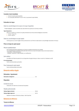 www.inrs.fr/eficatt EFICATT - Pasteurellose Page 3 / 4
Conduite à tenir immédiate
Evaluation du risque
Selon les caractéristiques de la source et le type d'exposition
Selon les caractéristiques du sujet exposé
Prise en charge du sujet exposé
Mesures prophylactiques
Suivi médical
Pour l'entourage du sujet exposé
Démarche médico-légale
Déclaration / signalement
Réparation
Accident du travail
Maladie professionnelle
Eléments de référence
Textes de référence
Se laver les mains après exposition.
En cas de plaie, désinfecter et couvrir avec un pansement imperméable.
Produits biologiques : salive et secrétions des voies aériennes supérieures d’animaux infectés.
Type d'exposition :
Morsure ou griffure ou contact d’une plaie préexistante avec des produits biologiques contaminés.
Si chien : risque 1/5.
Si chat : risque ½.
Formes graves sur terrain fragile, formes pulmonaires en cas d’immuno-dépression ou de pathologie respiratoire chronique.
Pas d’antibioprophylaxie systématique du fait de la rapidité de l’évolution de la maladie.
Une antibiothérapie probabiliste est discutée selon le terrain, la nature de la plaie, la nature de l’animal mordeur :
- Amoxicilline + Acide clavulanique ;
- si allergie : Doxycycline + Métronidazole ; ou Levofloxacine.
Surveillance de l’état de la plaie et en cas d’apparition de signes cliniques : mise en route d’un traitement curatif.
En cas de grossesse :
Pas de recommandation particulière.
Pas de recommandation particulière.
Déclaration obligatoire non
Déclaration d'AT selon les circonstances d'exposition.
Tableau Régime Général RG 86
Tableau Régime Agricole RA 50
Maladie hors tableau et fonction publique : selon expertise.
 