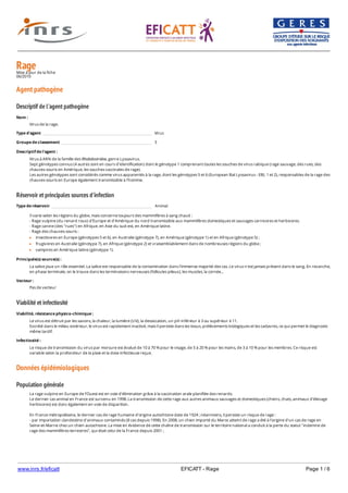 www.inrs.fr/eficatt EFICATT - Rage Page 1 / 6
RageMise à jour de la fiche
06/2010
Agent pathogène
Descriptif de l'agent pathogène
Réservoir et principales sources d'infection
Viabilité et infectiosité
Données épidémiologiques
Population générale
Nom :
Virus de la rage.
Type d'agent Virus
Groupe de classement 3
Descriptif de l'agent :
Virus à ARN de la famille des Rhabdoviridae, genre Lyssavirus.
Sept génotypes connus (4 autres sont en cours d'identification) dont le génotype 1 comprenant toutes les souches de virus rabique (rage sauvage, des rues, des
chauves-souris en Amérique, les souches vaccinales de rage).
Les autres génotypes sont considérés comme virus apparentés à la rage, dont les génotypes 5 et 6 (European Bat Lyssavirus - EBL 1 et 2), responsables de la rage des
chauves-souris en Europe également transmissible à l'homme.
Type de réservoir Animal
Il varie selon les régions du globe, mais concerne toujours des mammifères à sang chaud :
- Rage vulpine (du renard roux) d'Europe et d'Amérique du nord transmissible aux mammifères domestiques et sauvages carnivores et herbivores.
- Rage canine (des "rues") en Afrique, en Asie du sud-est, en Amérique latine.
- Rage des chauves-souris :
insectivores en Europe (génotypes 5 et 6), en Australie (génotype 7), en Amérique (génotype 1) et en Afrique (génotype 5) ;
frugivores en Australie (génotype 7), en Afrique (génotype 2) et vraisemblablement dans de nombreuses régions du globe ;
vampires en Amérique latine (génotype 1).
Principale(s) source(s) :
La salive joue un rôle essentiel. La salive est responsable de la contamination dans l'immense majorité des cas. Le virus n'est jamais présent dans le sang. En revanche,
en phase terminale, on le trouve dans les terminaisons nerveuses (follicules pileux), les muscles, la cornée...
Vecteur :
Pas de vecteur
Viabilité, résistance physico-chimique :
Le virus est détruit par les savons, la chaleur, la lumière (UV), la dessiccation, un pH inférieur à 3 ou supérieur à 11.
Excrété dans le milieu extérieur, le virus est rapidement inactivé, mais il persiste dans les tissus, prélèvements biologiques et les cadavres, ce qui permet le diagnostic
même tardif.
Infectiosité :
Le risque de transmission du virus par morsure est évalué de 10 à 70 % pour le visage, de 5 à 20 % pour les mains, de 3 à 10 % pour les membres. Ce risque est
variable selon la profondeur de la plaie et la dose infectieuse reçue.
La rage vulpine en Europe de l'Ouest est en voie d'élimination grâce à la vaccination orale planifiée des renards.
Le dernier cas animal en France est survenu en 1998. La transmission de cette rage aux autres animaux sauvages et domestiques (chiens, chats, animaux d'élevage
herbivores) est donc également en voie de disparition.
En France métropolitaine, le dernier cas de rage humaine d'origine autochtone date de 1924 ; néanmoins, il persiste un risque de rage :
- par importation clandestine d'animaux contaminés (8 cas depuis 1998). En 2008, un chien importé du Maroc atteint de rage a été à l'origine d'un cas de rage en
Seine-et-Marne chez un chien autochtone. La mise en évidence de cette chaîne de transmission sur le territoire national a conduit à la perte du statut "indemne de
rage des mammifères terrestres", qui était celui de la France depuis 2001 ;
- par les chauves-souris et les animaux qu'elles contaminent (un chat contaminé en Vendée en 2007) ;
 