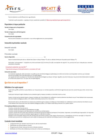 www.inrs.fr/eficatt EFICATT - Rage Page 3 / 6
Populations à risque particulier
Immunité et prévention vaccinale
Immunité naturelle
Prévention vaccinale
Que faire en cas d'exposition ?
Définition d'un sujet exposé
Conduite à tenir immédiate
Pas de traitement curatif efficace de la rage déclarée.
Traitement après exposition : à appliquer le plus rapidement possible (cf. Mesures prophylactiques après exposition).
Terrain à risque accru d'acquisition :
Sans objet.
Terrain à risque accru de forme grave :
Sans objet.
Cas particulier de la grossesse :
Pas de contre-indication à la vaccination, ni aux immunoglobulines en post-exposition.
Sans objet.
Vaccin disponible oui
Vaccins inactivés fabriqués soit sur cellules Vero (Vaccin rabique Pasteur ), soit sur cellules d'embryon de poulet (vaccin Rabipur ).
Vaccination "pré-exposition" : 3 injections en primo vaccination à J0, J7 et entre J21 et J28, une injection de rappel à 1 an, puis tous les 5 ans. Indiquée pour certaines
populations exposées.
® ®
Consultez le calendrier vaccinal 2017 1
1 http://social-sante.gouv.fr/IMG/pdf/calendrier_vaccinations_2017.pdf
Immunite vaccinale :
Correctement appliquée, cette vaccination ne justifie pas de contrôle sérologique systématique en dehors de certains cas d'exposition continue, par exemple
personnel travaillant dans des laboratoires ou chiroptérologues.
Les rappels sont alors à pratiquer en fonction des résultats des sérologies à pratiquer de façon régulière, tous les 6 mois (pour les personnels de laboratoire travaillant
en contact avec lyssavirus) à 1 an (pour les chiroptérologues).
Sujet mordu, griffé, ou léché sur peau lésée ou sur muqueuse par un animal suspecté ou confirmé enragé (chauves-souris et, suivant les pays, chien, renard, chat,
singe...).
Sujet ayant manipulé, soigné, disséqué, sans protection (gants, masque, lunettes) un tel animal, vivant ou mort.
Sujet en contact sans protection (gants, masque, lunettes), par l'intermédiaire du revêtement cutané présentant des lésions ou par l'intermédiaire des muqueuses,
avec des matières biologiques (salive, LCR, matière cérébrale) provenant d'un tel animal.
Personnel de soins ou de laboratoire en contact sans protection (gants, masque, lunettes) par l'intermédiaire du revêtement cutané présentant des lésions ou par
l'intermédiaire des muqueuses, avec des matières biologiques (salive, LCR, matière cérébrale) provenant d'un patient atteint.
Principales professions concernées :
Travail au contact des chauves-souris.
Travail au contact de mammifères potentiellement enragés.
Travail au contact de lyssavirus (en laboratoire de recherche ou de fabrication).
Travail au contact de cas humain dans certaines circonstances (personnel soignant participant à l'intubation, l'aspiration, la kinesithérapie respiratoire) : le risque est
théorique mais aucun cas de transmission soigné-soignant n'a été décrit à ce jour.
Voyage en zone d'enzootie rabique avec des contacts avec les animaux (chiens, chats, singes, chauves-souris...) domestiques, errants ou sauvages. Le risque est
d'autant plus à prendre en compte que la zone visitée ne dispose pas de traitement antirabique (vaccin et immunoglobulines).
Lavage abondant par solutions savonneuses du site de contamination.
Désinfection par dérivés iodés ou chlorés.
Parage (sutures à éviter mais pas de contre-indication absolue).
Vérification de l'immunité antitétanique et discuter la mise sous antibiotiques.
Avis du centre antirabique le plus proche sur la nécessité d'un traitement "post-exposition".
 