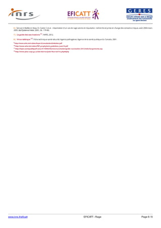 www.inrs.fr/eficatt EFICATT - Rage Page 6 / 6
9 http://www.who.int/rabies/ExpertConsultationOnRabies.pdf
10 http://www.who.int/rabies/PEP_prophylaxis_guidelines_June10.pdf
11 http://inpes.santepubliquefrance.fr/10000/themes/vaccination/guide-vaccination-2012/telechargements.asp
12 http://www.phac-aspc.gc.ca/lab-bio/res/psds-ftss/rab-fra.php#tphp
6 | Servas V, Mailles A, Neau D, Castor C et al. - Importation d'un cas de rage canine en Aquitaine : recherche et prise en charge des contacts à risque, août 2004-mars
2005. Bull Épidemiol Hebd. 2005 ; 36 : 179-80.
7 | Le guide des vaccinations 11. INPES, 2012.
8 | Virus rabbique 12. Fiche technique santé-sécurité. Agents pathogènes. Agence de la santé publique du Canada, 2001.
 