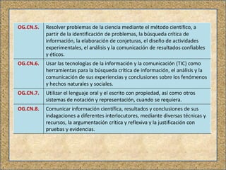 OG.CN.5. Resolver problemas de la ciencia mediante el método científico, a
partir de la identificación de problemas, la búsqueda crítica de
información, la elaboración de conjeturas, el diseño de actividades
experimentales, el análisis y la comunicación de resultados confiables
y éticos.
OG.CN.6. Usar las tecnologías de la información y la comunicación (TIC) como
herramientas para la búsqueda crítica de información, el análisis y la
comunicación de sus experiencias y conclusiones sobre los fenómenos
y hechos naturales y sociales.
OG.CN.7. Utilizar el lenguaje oral y el escrito con propiedad, así como otros
sistemas de notación y representación, cuando se requiera.
OG.CN.8. Comunicar información científica, resultados y conclusiones de sus
indagaciones a diferentes interlocutores, mediante diversas técnicas y
recursos, la argumentación crítica y reflexiva y la justificación con
pruebas y evidencias.
 