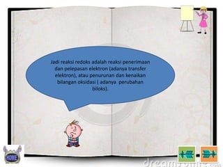 Jadi reaksi redoks adalah reaksi penerimaan
dan pelepasan elektron (adanya transfer
elektron), atau penurunan dan kenaikan
bilangan oksidasi ( adanya perubahan
biloks).

 