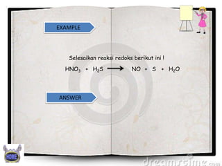 EXAMPLE

Selesaikan reaksi redoks berikut ini !
HNO3 + H2S

ANSWER

NO + S + H2O

 