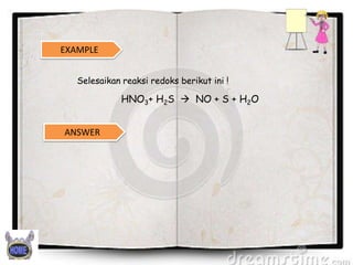 EXAMPLE
Selesaikan reaksi redoks berikut ini !

HNO3+ H2S  NO + S + H2O
ANSWER

 