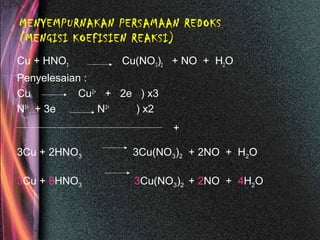 MENYEMPURNAKAN PERSAMAAN REDOKS
(MENGISI KOEFISIEN REAKSI)
Cu + HNO3 Cu(NO3)2 + NO + H2O
Penyelesaian :
Cu Cu2+
+ 2e ) x3
N5+
+ 3e N2+
) x2
3Cu + 2HNO3 3Cu(NO3)2 + 2NO + H2O
3Cu + 8HNO3 3Cu(NO3)2 + 2NO + 4H2O
+
 