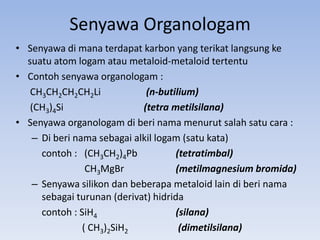 Senyawa Organologam
• Senyawa di mana terdapat karbon yang terikat langsung ke
suatu atom logam atau metaloid-metaloid tertentu
• Contoh senyawa organologam :
CH3CH2CH2CH2Li
(n-butilium)
(CH3)4Si
(tetra metilsilana)
• Senyawa organologam di beri nama menurut salah satu cara :
– Di beri nama sebagai alkil logam (satu kata)
contoh : (CH3CH2)4Pb
(tetratimbal)
CH3MgBr
(metilmagnesium bromida)
– Senyawa silikon dan beberapa metaloid lain di beri nama
sebagai turunan (derivat) hidrida
contoh : SiH4
(silana)
( CH3)2SiH2
(dimetilsilana)

 