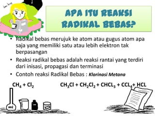 Apa Itu Reaksi
Radikal bebas?
• Radikal bebas merujuk ke atom atau gugus atom apa
saja yang memiliki satu atau lebih elektron tak
berpasangan
• Reaksi radikal bebas adalah reaksi rantai yang terdiri
dari inisasi, propagasi dan terminasi
• Contoh reaksi Radikal Bebas : Klorinasi Metana

CH4 + Cl2

CH3Cl + CH2Cl2 + CHCL3 + CCL4+ HCL

 
