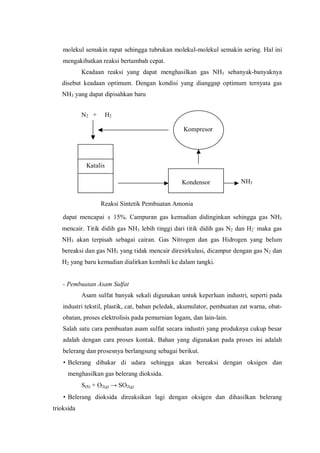 N2 + H2
NH3
Reaksi Sintetik Pembuatan Amonia
Katalis
Kompresor
Kondensor
molekul semakin rapat sehingga tubrukan molekul-molekul semakin sering. Hal ini
mengakibatkan reaksi bertambah cepat.
Keadaan reaksi yang dapat menghasilkan gas NH3 sebanyak-banyaknya
disebut keadaan optimum. Dengan kondisi yang dianggap optimum ternyata gas
NH3 yang dapat dipisahkan baru
dapat mencapai ± 15%. Campuran gas kemudian didinginkan sehingga gas NH3
mencair. Titik didih gas NH3 lebih tinggi dari titik didih gas N2 dan H2
,
maka gas
NH3 akan terpisah sebagai cairan. Gas Nitrogen dan gas Hidrogen yang belum
bereaksi dan gas NH3 yang tidak mencair diresirkulasi, dicampur dengan gas N2 dan
H2 yang baru kemudian dialirkan kembali ke dalam tangki.
- Pembuatan Asam Sulfat
Asam sulfat banyak sekali digunakan untuk keperluan industri, seperti pada
industri tekstil, plastik, cat, bahan peledak, akumulator, pembuatan zat warna, obat-
obatan, proses elektrolisis pada pemurnian logam, dan lain-lain.
Salah satu cara pembuatan asam sulfat secara industri yang produknya cukup besar
adalah dengan cara proses kontak. Bahan yang digunakan pada proses ini adalah
belerang dan prosesnya berlangsung sebagai berikut.
• Belerang dibakar di udara sehingga akan bereaksi dengan oksigen dan
menghasilkan gas belerang dioksida.
S(S) + O2(g) → SO2(g)
• Belerang dioksida direaksikan lagi dengan oksigen dan dihasilkan belerang
trioksida
 