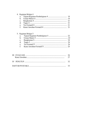 4. Kegiatan Belajar 4
a. Tujuan Kegiatan Pembelajaran 4 ........................................ 18
b. Uraian Materi 4 .................................................................... 18
c. Rangkuman 4 ...................................................................... 21
d. Tugas 4 ............................................................................... 21
e. Tes Formatif 4 ..................................................................... 21
f. Kunci Jawaban Formatif 4 .................................................. 21
5. Kegiatan Belajar 5
a. Tujuan Kegiatan Pembelajaran 5 ........................................ 22
b. Uraian Materi 5 .................................................................... 22
c. Rangkuman 5...................................................................... 24
d. Tugas 5 ............................................................................... 24
e. Tes Formatif 5 .................................................................... 24
f. Kunci Jawaban Formatif 5 .................................................. 25
III EVALUASI ........................................................................................ 26
Kunci Jawaban.................................................................................. 27
IV PENUTUP ........................................................................................ 32
DAFTAR PUSTAKA ............................................................................... 33
 