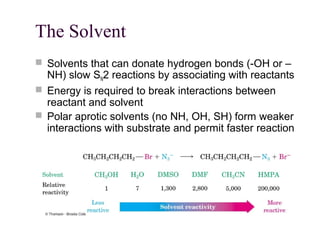 The Solvent
 Solvents that can donate hydrogen bonds (-OH or –
NH) slow SN2 reactions by associating with reactants
 Energy is required to break interactions between
reactant and solvent
 Polar aprotic solvents (no NH, OH, SH) form weaker
interactions with substrate and permit faster reaction
 