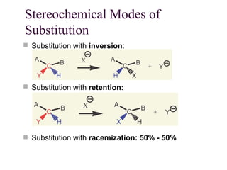 Stereochemical Modes of
Substitution
 Substitution with inversion:
 Substitution with retention:
 Substitution with racemization: 50% - 50%
 