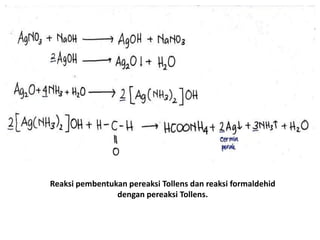 Reaksi pembentukan pereaksi Tollens dan reaksi formaldehid
dengan pereaksi Tollens.
 