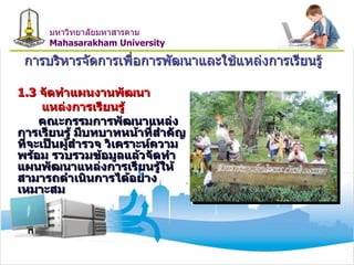 การบริหารจัดการเพื่อการพัฒนาและใช้แหล่งการเรียนรู้ 1.3  จัดทำแผนงานพัฒนา แหล่งการเรียนรู้ คณะกรรมการพัฒนาแหล่งการเรียนรู้ มีบทบาทหน้าที่สำคัญที่จะเป็นผู้สำรวจ วิเคราะห์ความพร้อม รวบรวมข้อมูลแล้วจัดทำแผนพัฒนาแหล่งการเรียนรู้ให้สามารถดำเนินการได้อย่างเหมาะสม   มหาวิทยาลัยมหาสารคาม Mahasarakham University 