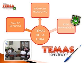PROYECTO
           PRODUCTIVO




 PLAN DE
                            IDEAS
NEGOCIOS
                        INNOVADORAS
            TEMAS
            DE LA
            FERIA
 