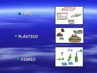 PAPEL




PLÁSTICO




VIDRIO
 
