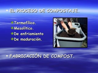  EL PROCESO DE COMPOSTAJE.

  Termofílico.
  Mesolítico.
  De enfriamiento
  De maduración.



 FABRICACIÓN DE COMPOST.
 