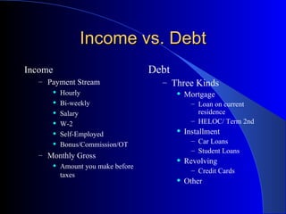 Income vs. Debt Income Payment Stream Hourly Bi-weekly Salary W-2 Self-Employed Bonus/Commission/OT Monthly Gross Amount you make before taxes Debt Three Kinds Mortgage Loan on current residence HELOC/ Term 2nd Installment Car Loans Student Loans Revolving Credit Cards Other  