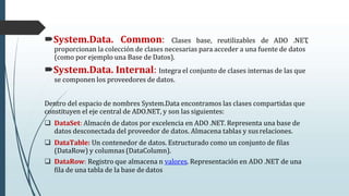 System.Data. Common:
proporcionan la colección de clases necesarias para acceder a una fuente de datos
(como por ejemplo una Base de Datos).
System.Data. Internal: Integra el conjunto de clases internas de las que
se componen los proveedores de datos.
Dentro del espacio de nombres System.Data encontramos las clases compartidas que
constituyen el eje central de ADO.NET, y son las siguientes:
 DataSet: Almacén de datos por excelencia en ADO .NET. Representa una base de
datos desconectada del proveedor de datos. Almacena tablas y susrelaciones.
 DataTable: Un contenedor de datos. Estructurado como un conjunto de filas
(DataRow) y columnas (DataColumn).
 DataRow: Registro que almacena n valores. Representación en ADO .NET de una
fila de una tabla de la base de datos
Clases base, reutilizables de ADO .NET,
 