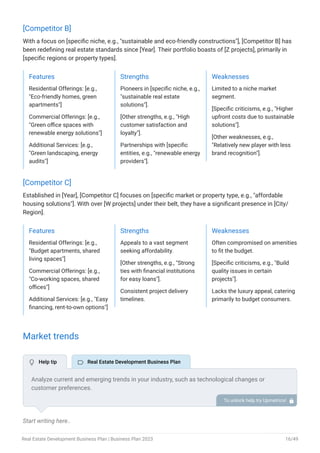 [Competitor B]
With a focus on [specific niche, e.g., "sustainable and eco-friendly constructions"], [Competitor B] has
been redefining real estate standards since [Year]. Their portfolio boasts of [Z projects], primarily in
[specific regions or property types].
Features
Residential Offerings: [e.g.,
"Eco-friendly homes, green
apartments"]
Commercial Offerings: [e.g.,
"Green office spaces with
renewable energy solutions"]
Additional Services: [e.g.,
"Green landscaping, energy
audits"]
Strengths
Pioneers in [specific niche, e.g.,
"sustainable real estate
solutions"].
[Other strengths, e.g., "High
customer satisfaction and
loyalty"].
Partnerships with [specific
entities, e.g., "renewable energy
providers"].
Weaknesses
Limited to a niche market
segment.
[Specific criticisms, e.g., "Higher
upfront costs due to sustainable
solutions"].
[Other weaknesses, e.g.,
"Relatively new player with less
brand recognition"].
[Competitor C]
Established in [Year], [Competitor C] focuses on [specific market or property type, e.g., "affordable
housing solutions"]. With over [W projects] under their belt, they have a significant presence in [City/
Region].
Features
Residential Offerings: [e.g.,
"Budget apartments, shared
living spaces"]
Commercial Offerings: [e.g.,
"Co-working spaces, shared
offices"]
Additional Services: [e.g., "Easy
financing, rent-to-own options"]
Strengths
Appeals to a vast segment
seeking affordability.
[Other strengths, e.g., "Strong
ties with financial institutions
for easy loans"].
Consistent project delivery
timelines.
Weaknesses
Often compromised on amenities
to fit the budget.
[Specific criticisms, e.g., "Build
quality issues in certain
projects"].
Lacks the luxury appeal, catering
primarily to budget consumers.
Market trends
Start writing here..
Analyze current and emerging trends in your industry, such as technological changes or
customer preferences.
Explain how your business will cope with all the trends. For example, house hunting and
property finding are going digital, so explain how you plan on dealing with that.
To unlock help try Upmetrics! 
 Help tip  Real Estate Development Business Plan
Real Estate Development Business Plan | Business Plan 2023 16/49
 