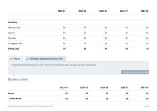 Summary
Starting Cash $0 $0 $0 $0 $0
Cash In $0 $0 $0 $0 $0
Cash Out $0 $0 $0 $0 $0
Change in Cash $0 $0 $0 $0 $0
Ending Cash $0 $0 $0 $0 $0
2023-24 2024-25 2025-26 2026-27 2027-28
Balance sheet
Assets $0 $0 $0 $0 $0
Current Assets $0 $0 $0 $0 $0
2023-24 2024-25 2025-26 2026-27 2027-28
Prepare a projected balance sheet, which shows the business’s assets, liabilities, and equity.
To unlock help try Upmetrics! 
 Help tip  Real Estate Development Business Plan
Real Estate Development Business Plan | Business Plan 2023 41/49
 