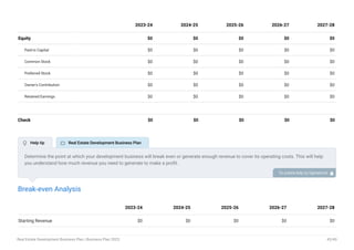 Equity $0 $0 $0 $0 $0
Paid-in Capital $0 $0 $0 $0 $0
Common Stock $0 $0 $0 $0 $0
Preferred Stock $0 $0 $0 $0 $0
Owner's Contribution $0 $0 $0 $0 $0
Retained Earnings $0 $0 $0 $0 $0
Check $0 $0 $0 $0 $0
2023-24 2024-25 2025-26 2026-27 2027-28
Break-even Analysis
Starting Revenue $0 $0 $0 $0 $0
2023-24 2024-25 2025-26 2026-27 2027-28
Determine the point at which your development business will break even or generate enough revenue to cover its operating costs. This will help
you understand how much revenue you need to generate to make a profit.
To unlock help try Upmetrics! 
 Help tip  Real Estate Development Business Plan
Real Estate Development Business Plan | Business Plan 2023 43/49
 