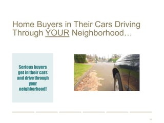 28 
Home Buyers in Their Cars Driving 
Through YOUR Neighborhood… 
Serious buyers get 
in their cars and 
drive through your 
neighborhood! 
 